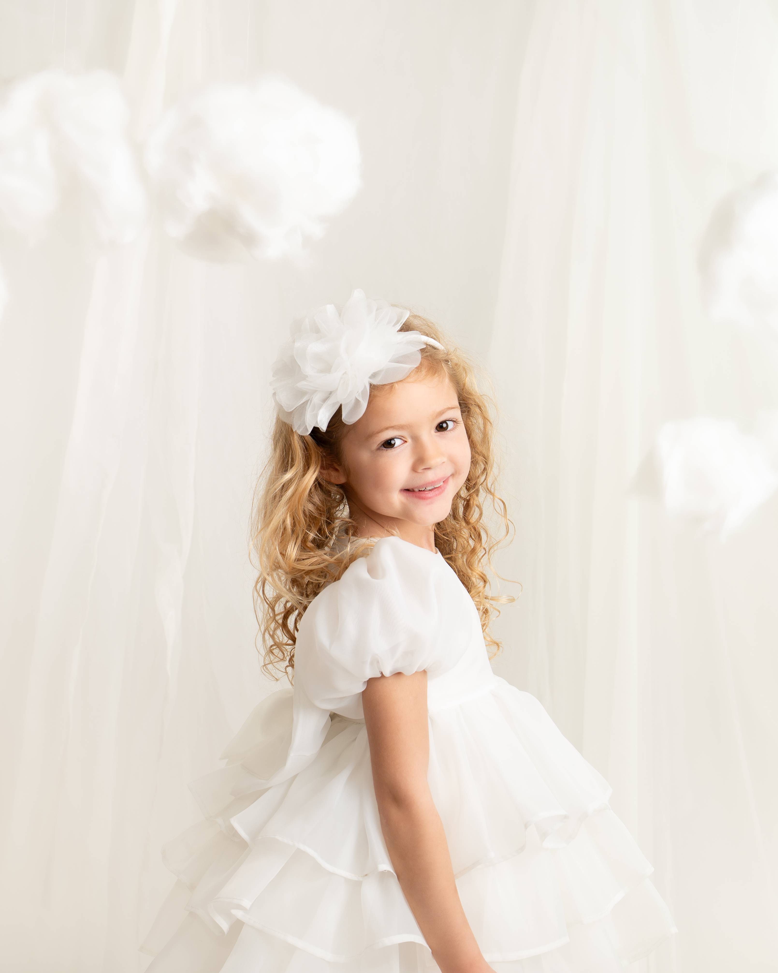 Ivory Puff Sleeve Layered Ruffle Party Dress