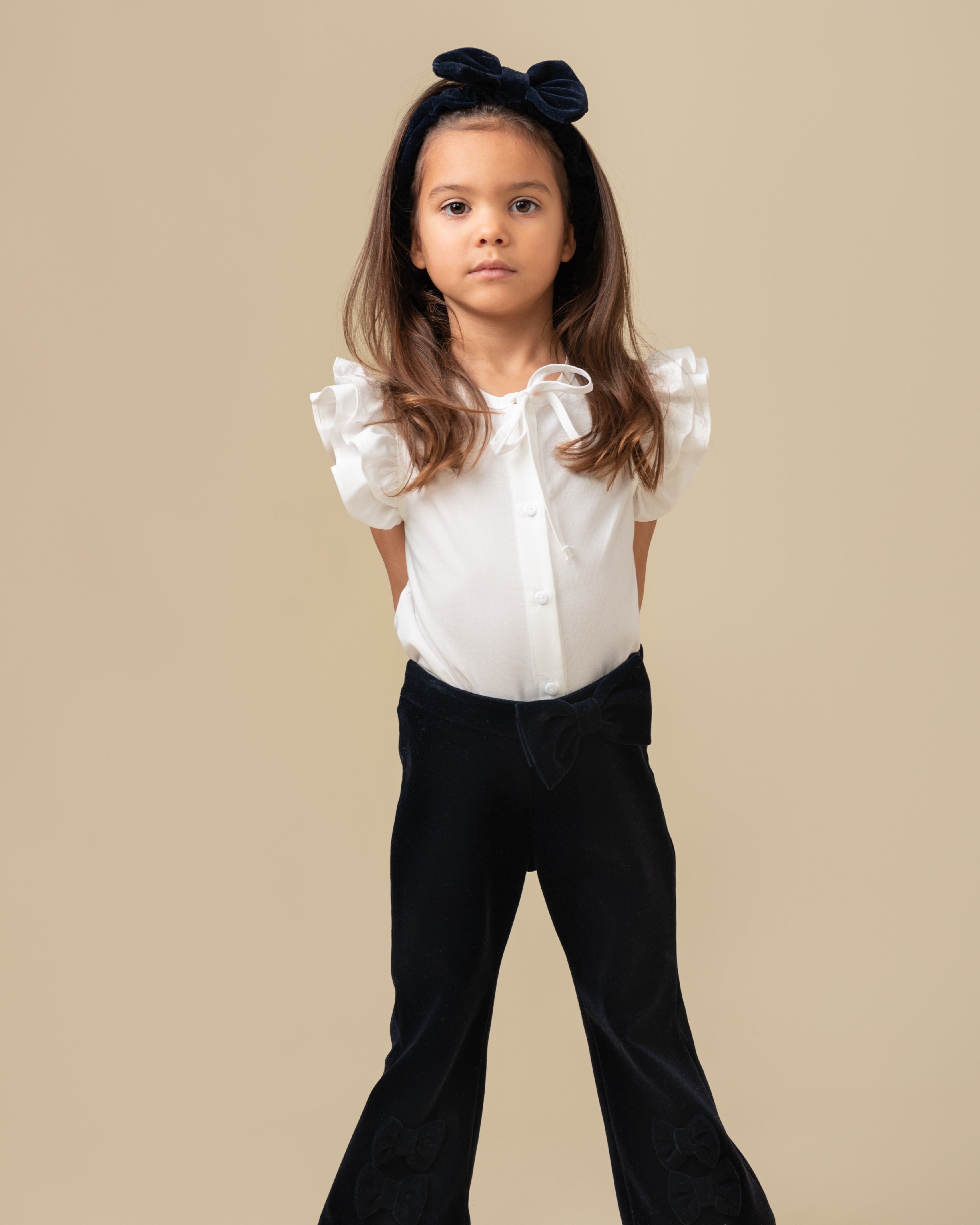 Flared Navy Velour Trouser Set with Headband