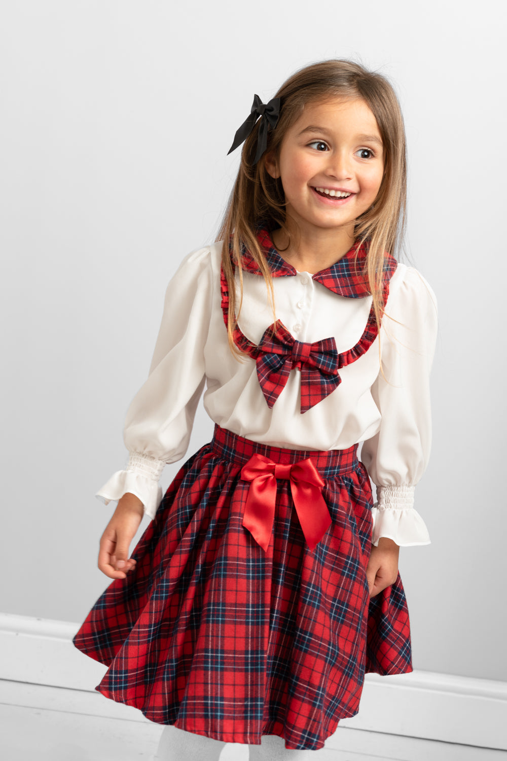 Red Tartan Plaid Two Piece Set with Bows and Ruffle Collar