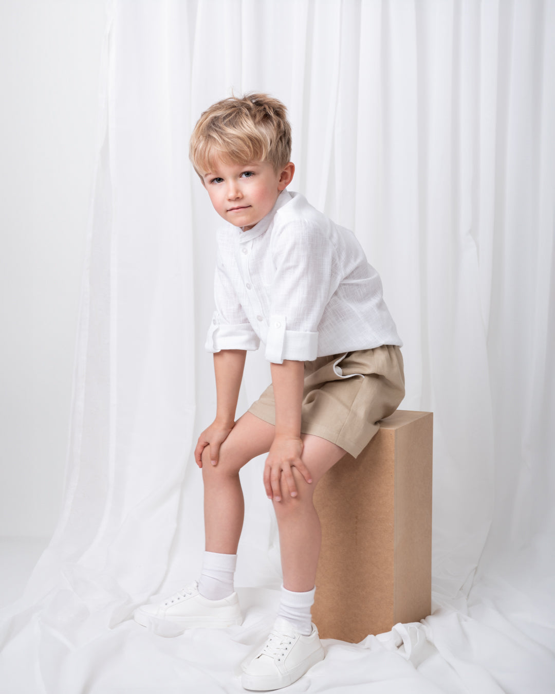 Summer Fete Beige Boys' Linen Blend Shorts Set