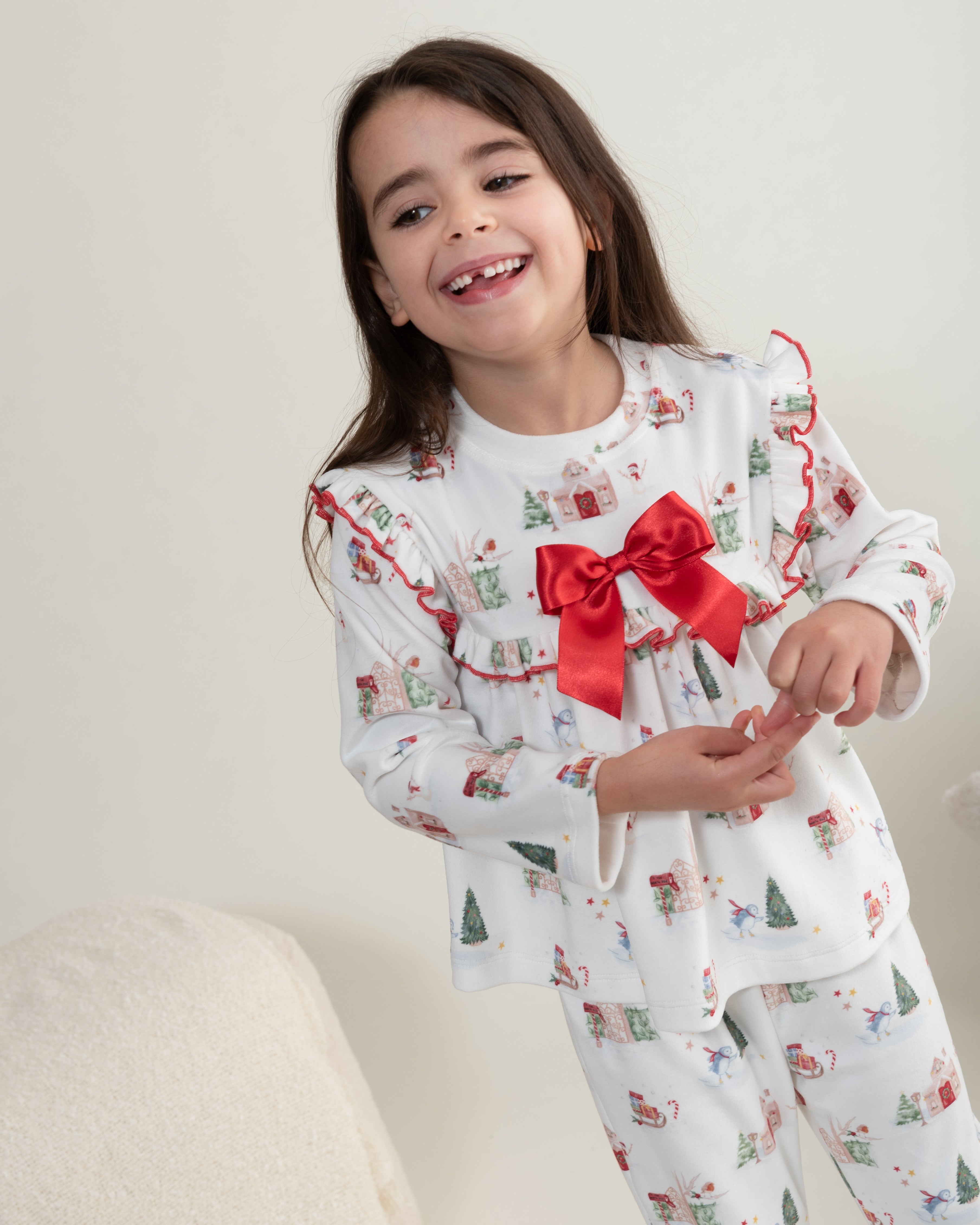 Girls Christmas Print Bow Pyjama Set