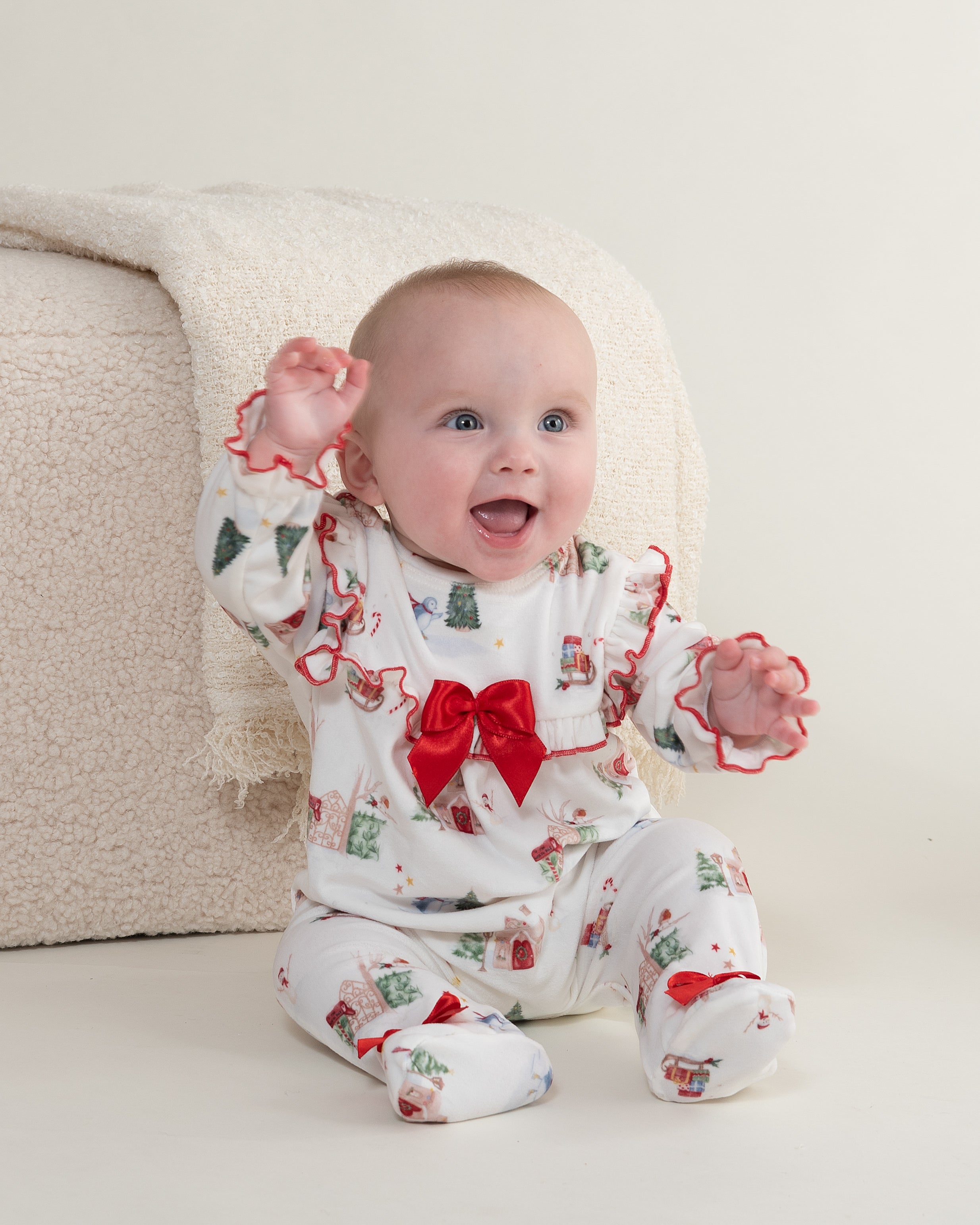Baby Girls Christmas Print Bow Babygrow