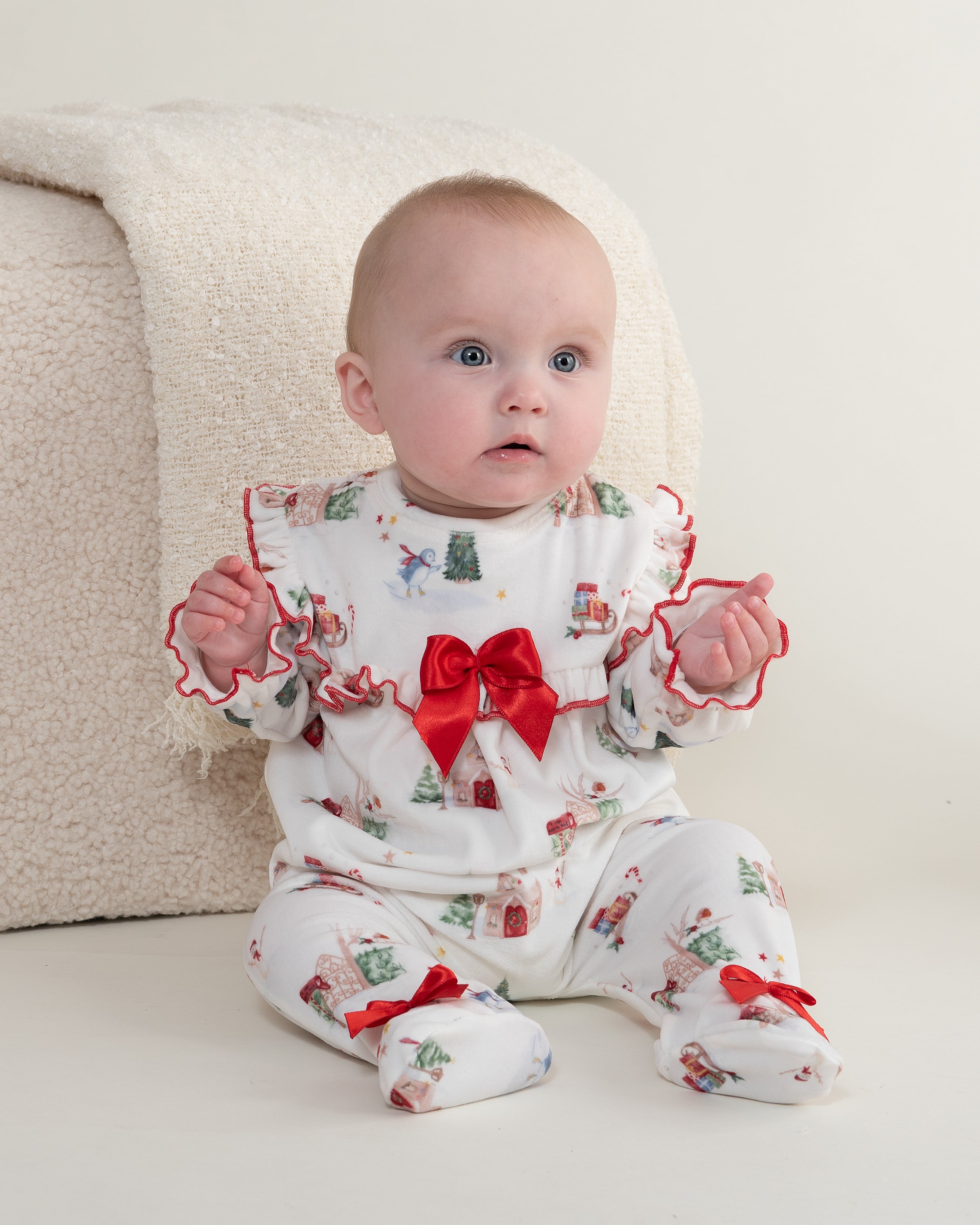 Baby Girls Christmas Print Bow Babygrow