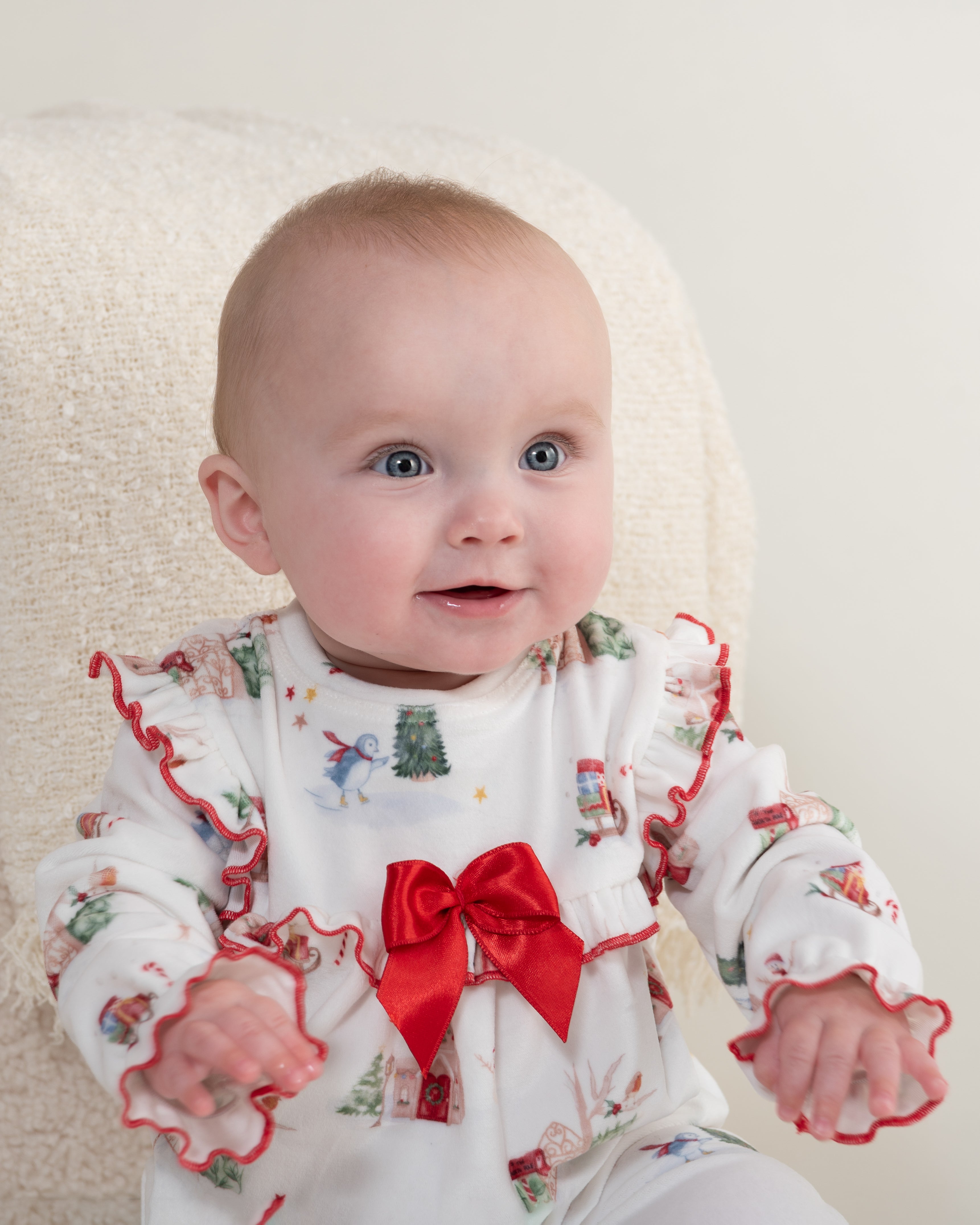 Baby Girls Christmas Print Bow Babygrow