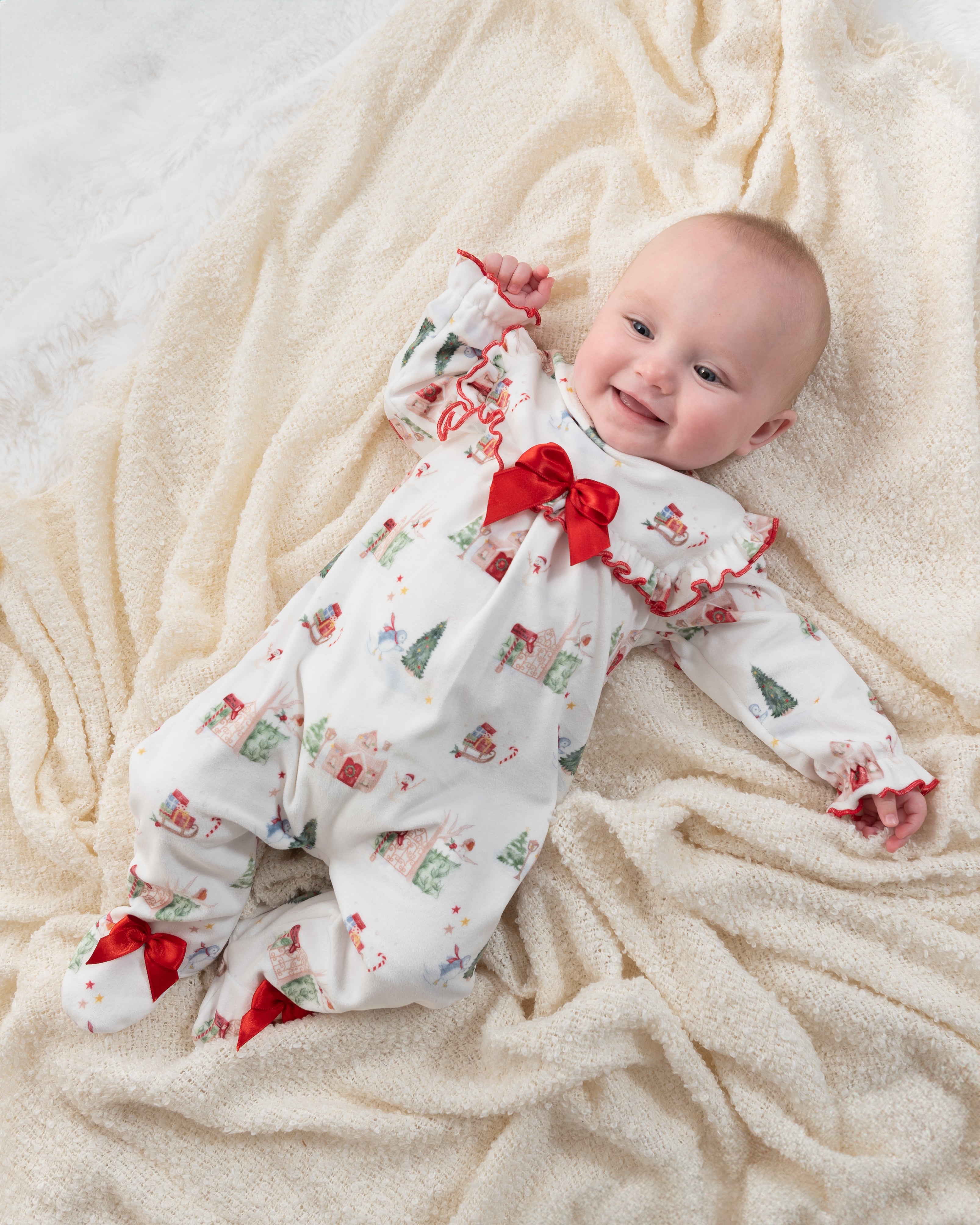 Baby Girls Christmas Print Bow Babygrow
