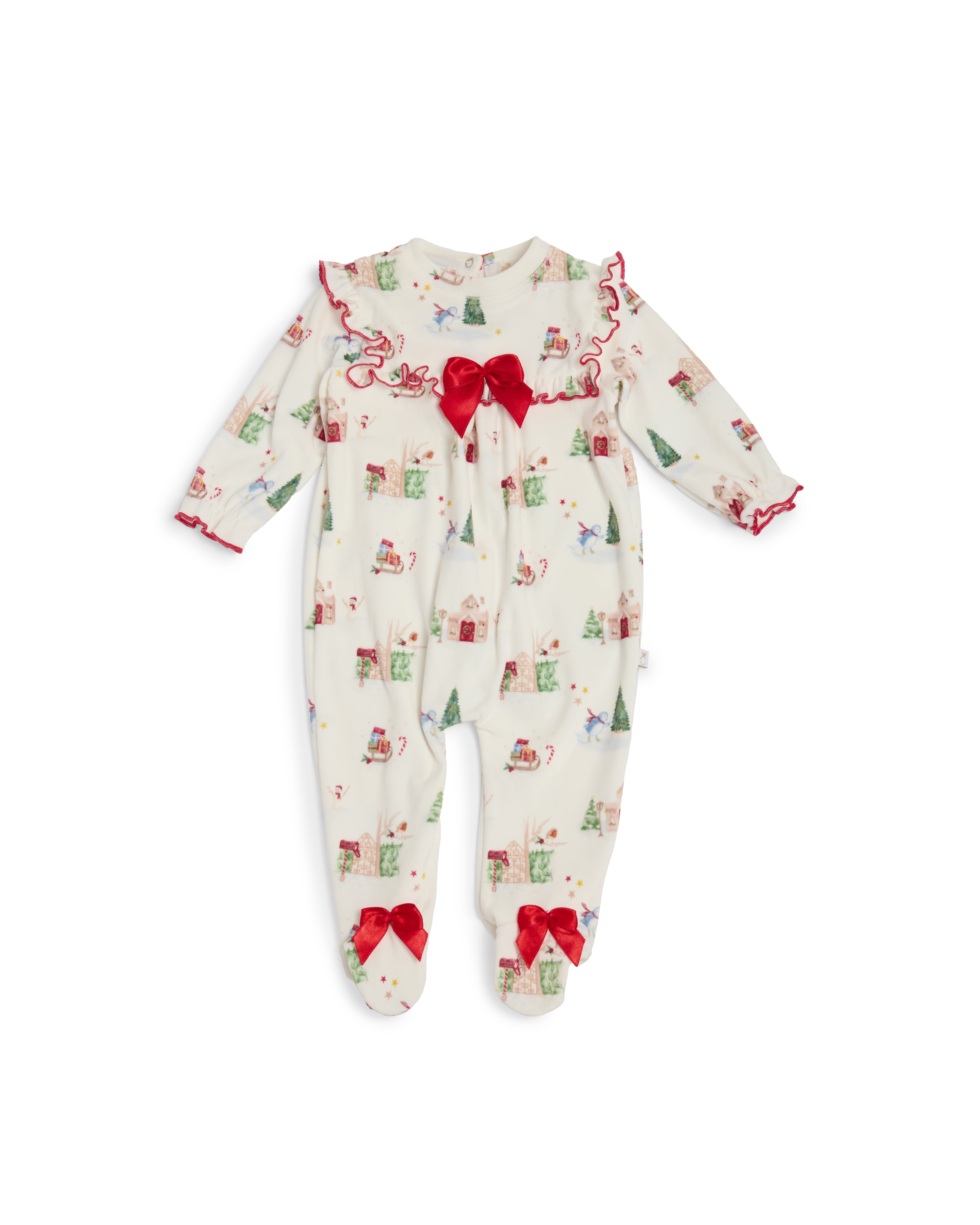 Baby Girls Christmas Print Bow Babygrow