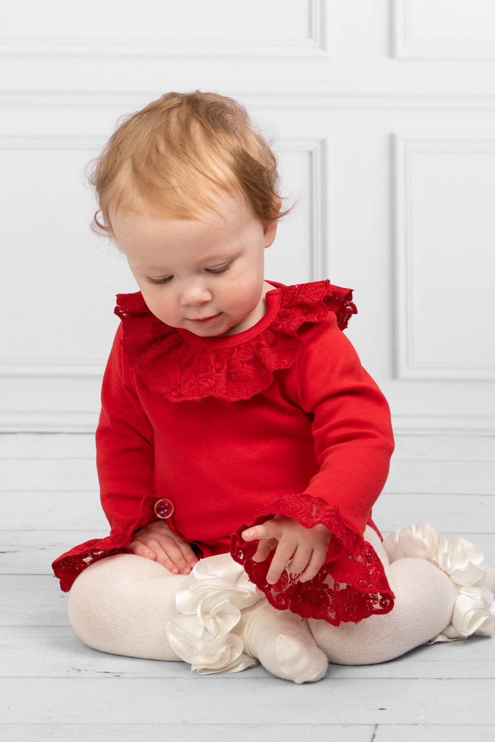 Red Long-Sleeve Bodysuit with Lace Collar and Cuff Details