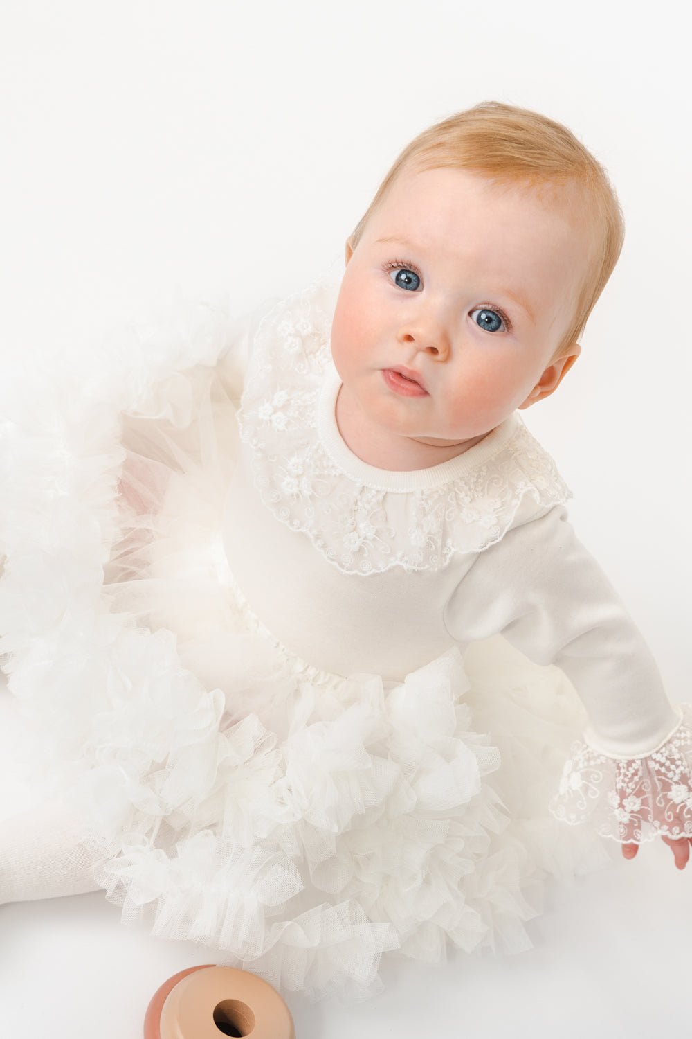Ivory Long-Sleeve Bodysuit with Lace Collar and Cuff Embellishments