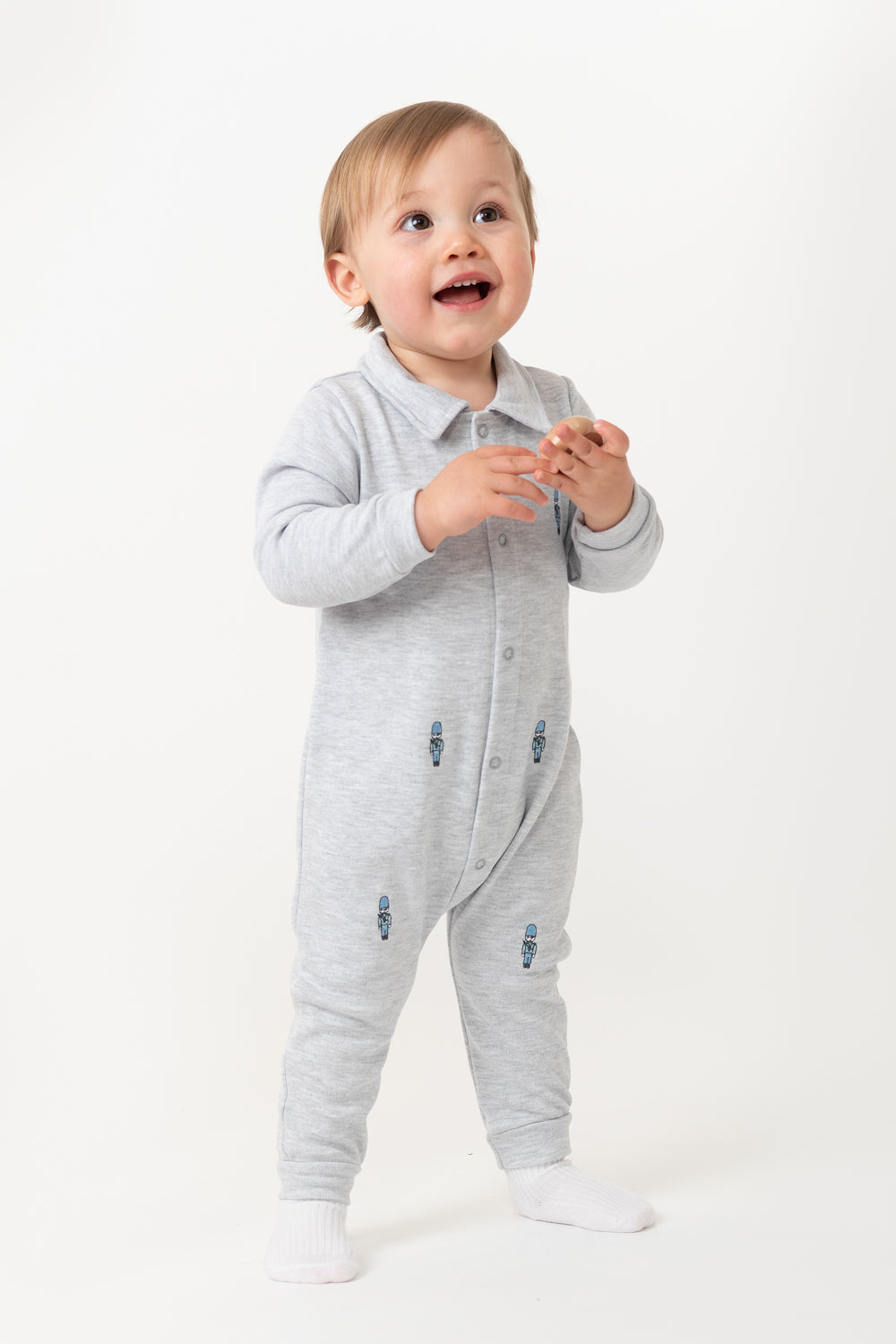 Grey Baby Romper with Embroidered Soldiers and Matching Bib