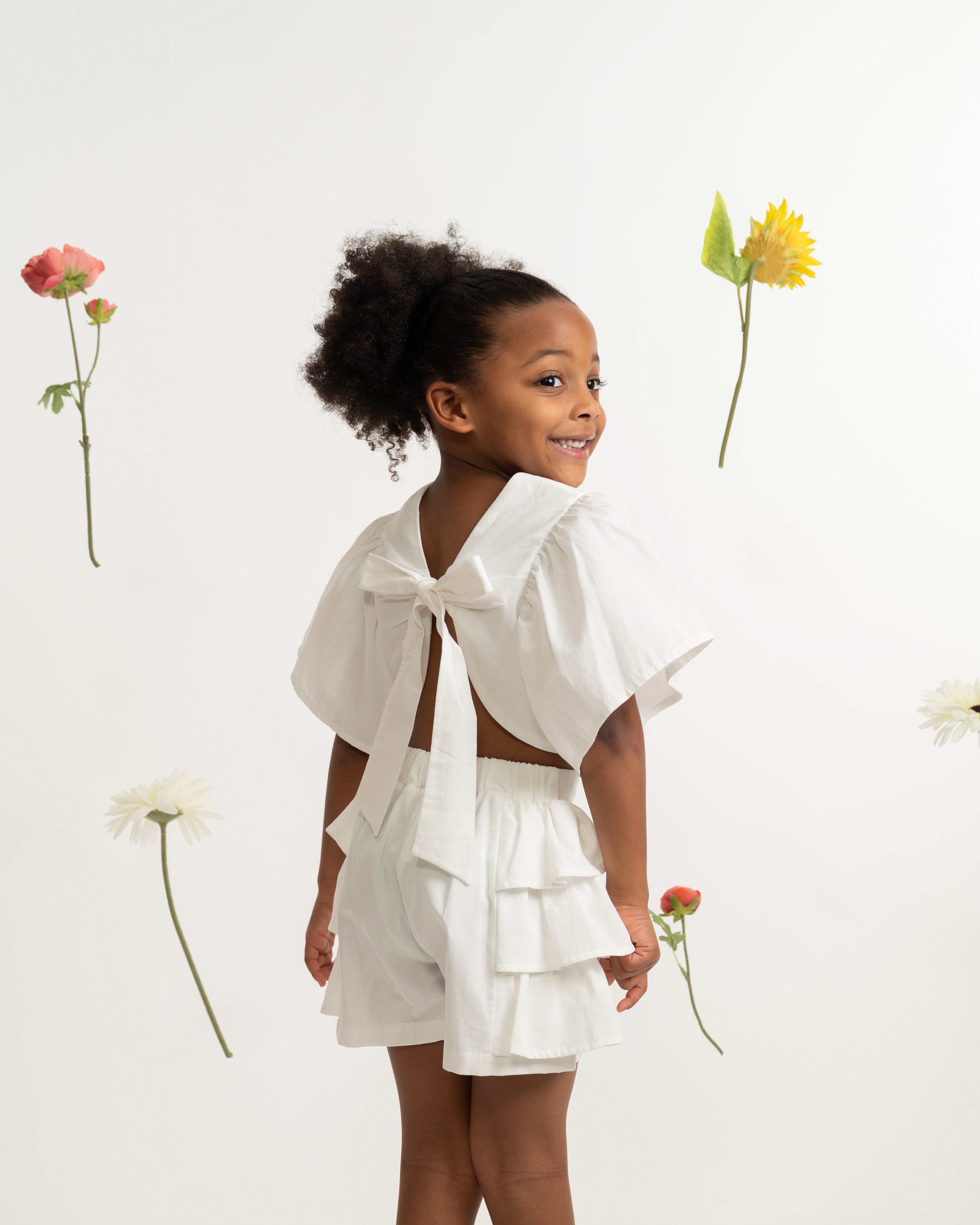 White Flutter Sleeve Top and Ruffle Shorts Set