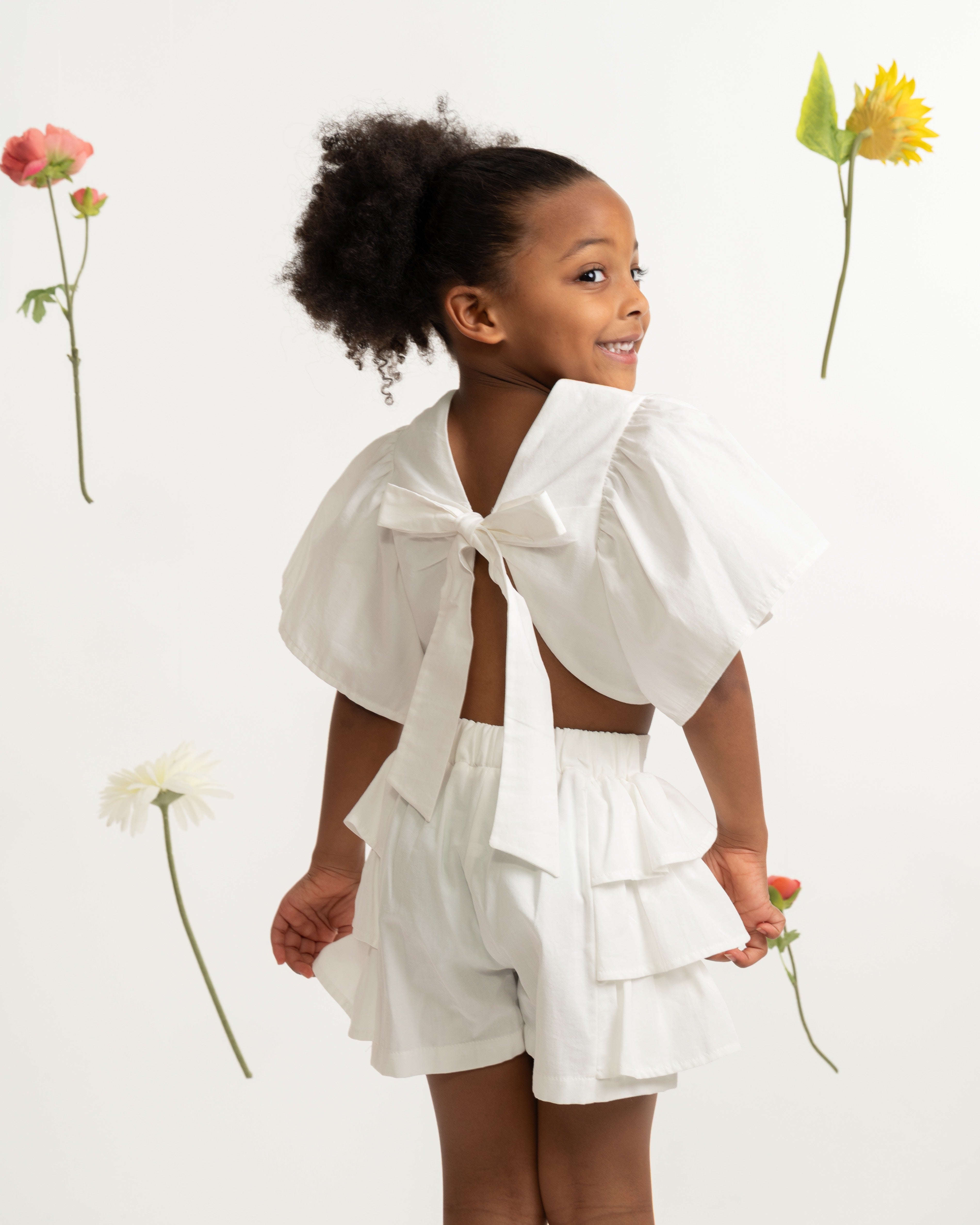 White Flutter Sleeve Top and Ruffle Shorts Set