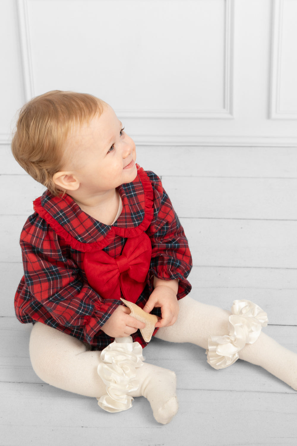 Tartan Christmas Romper with Bow and Peter Pan Collar