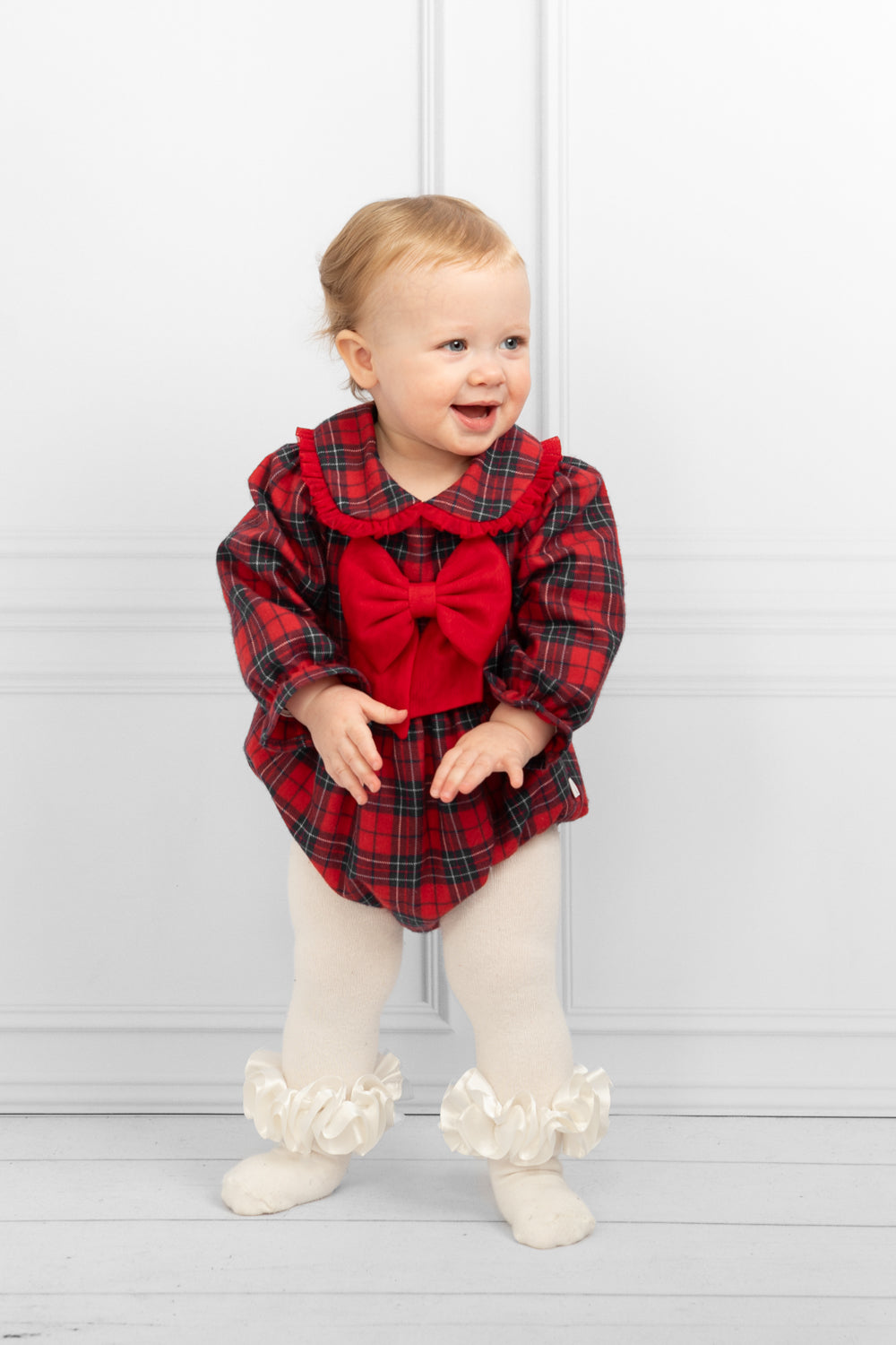 Tartan Christmas Romper with Bow and Peter Pan Collar
