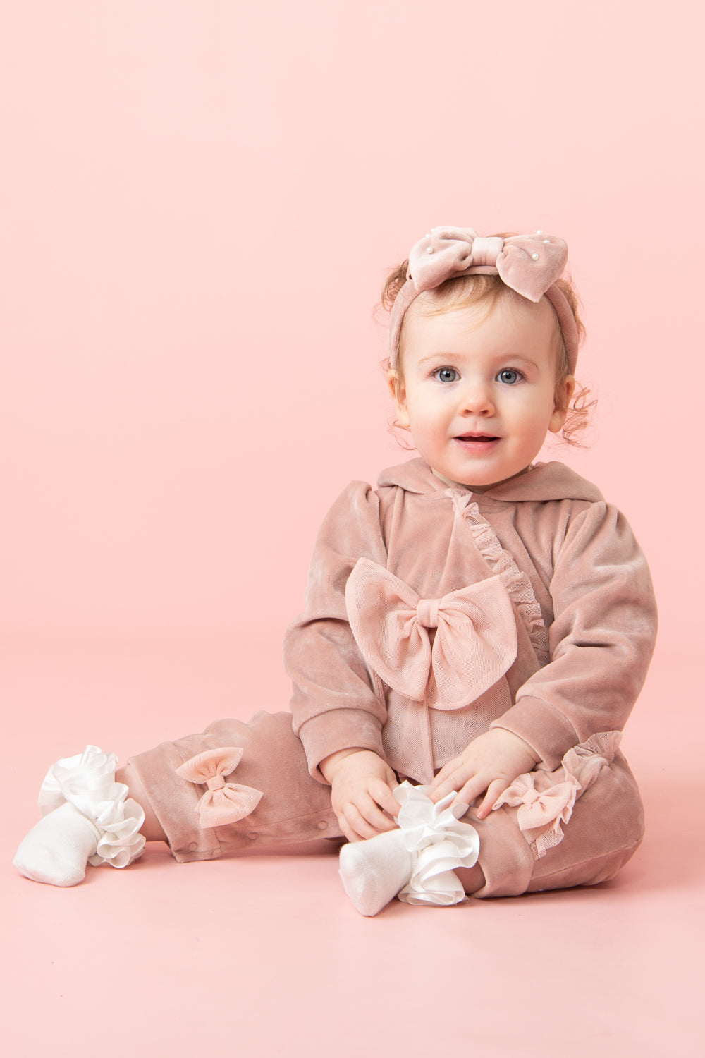 Pink Velour Hooded Romper with Bow Details