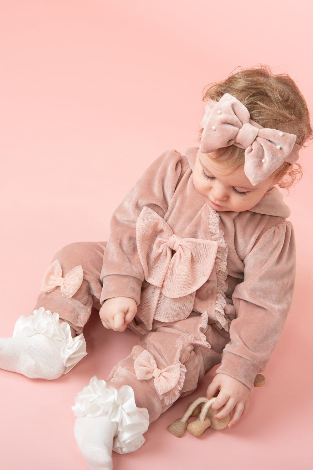 Pink Velour Hooded Romper with Bow Details
