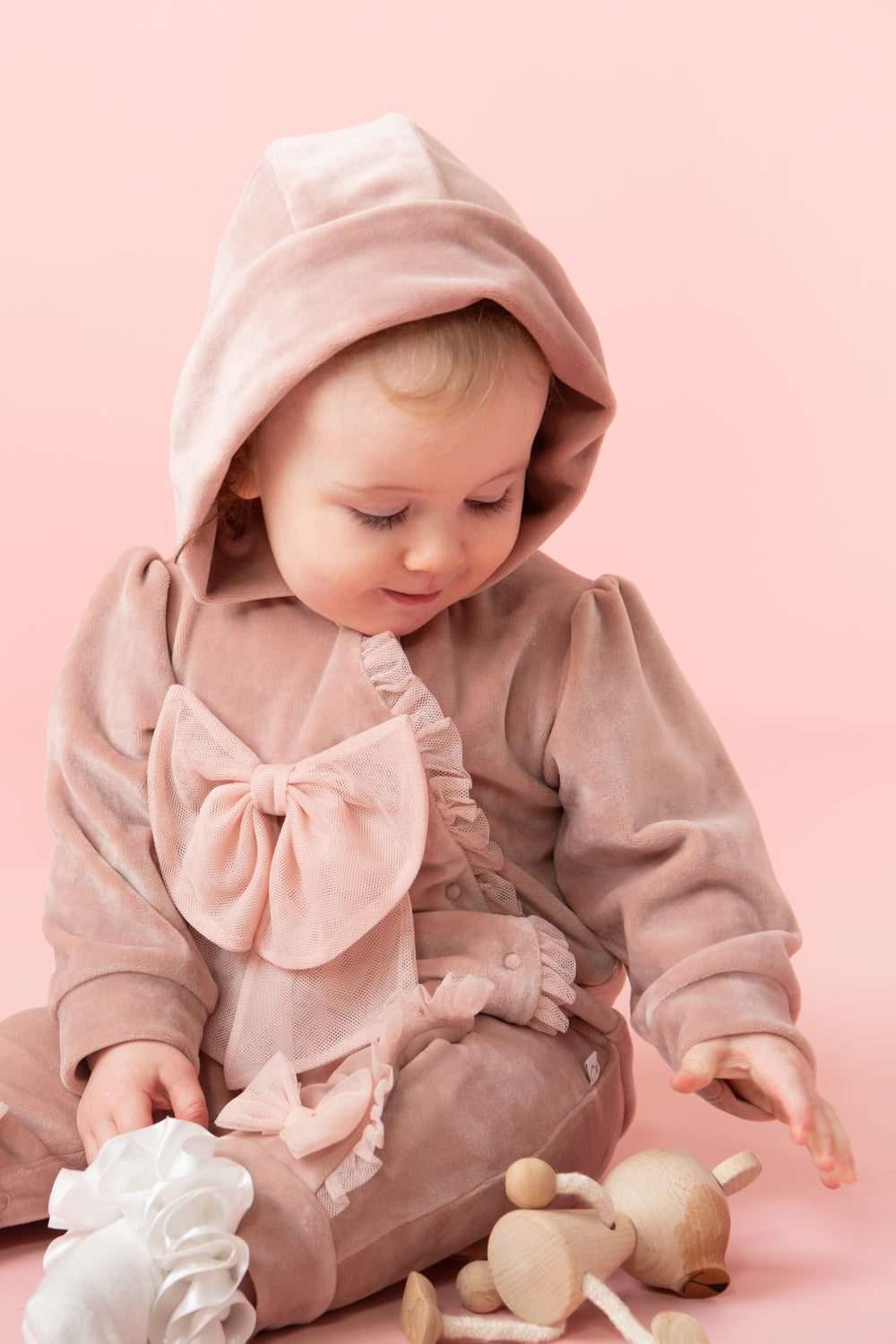 Pink Velour Hooded Romper with Bow Details