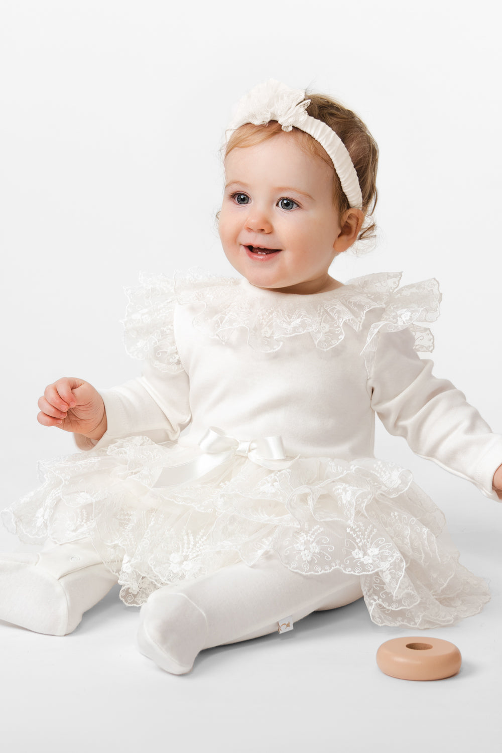 Ivory Baby Romper with Lace Overlay and Satin Bow