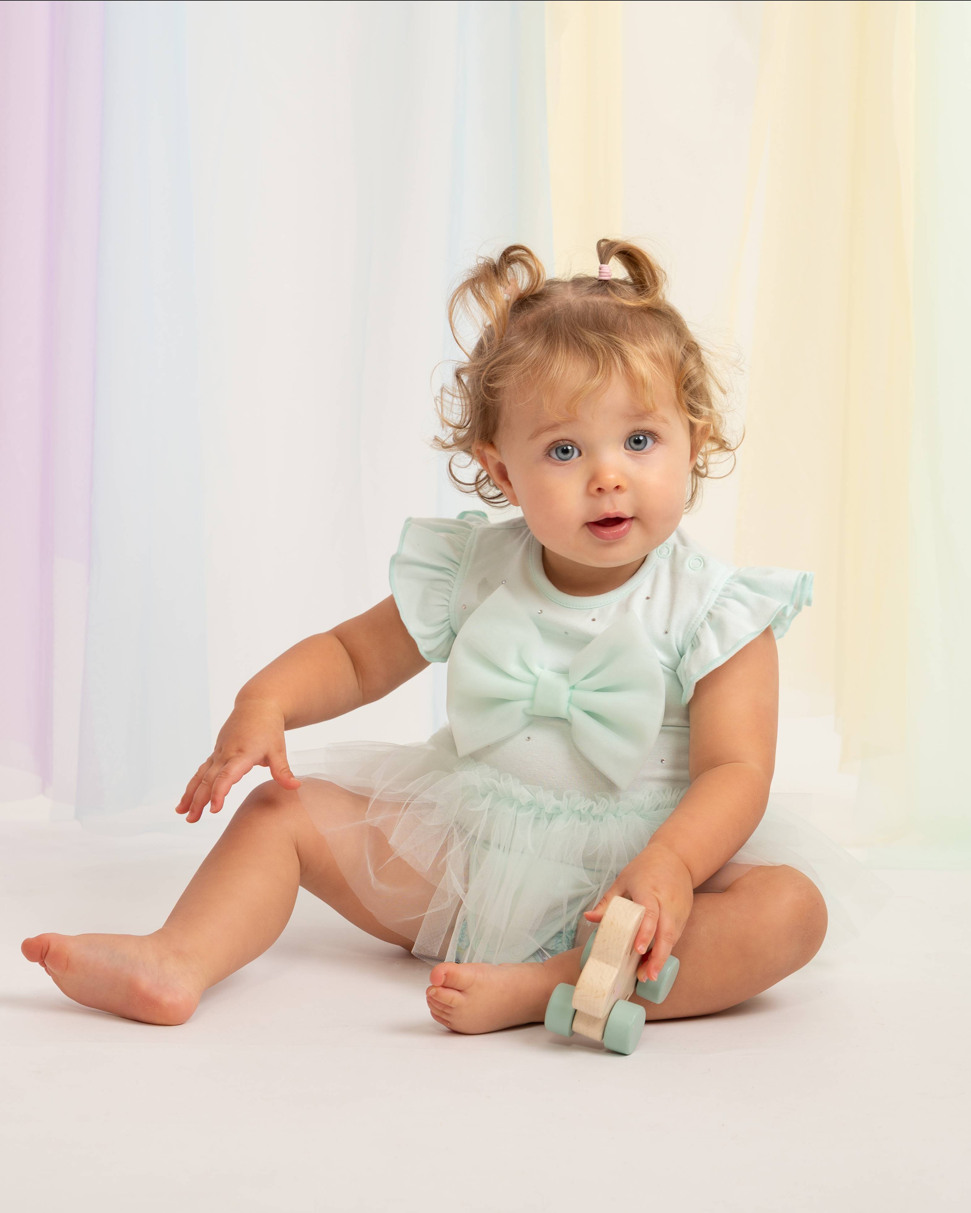 Mint Diamante Tulle Bow Romper Dress