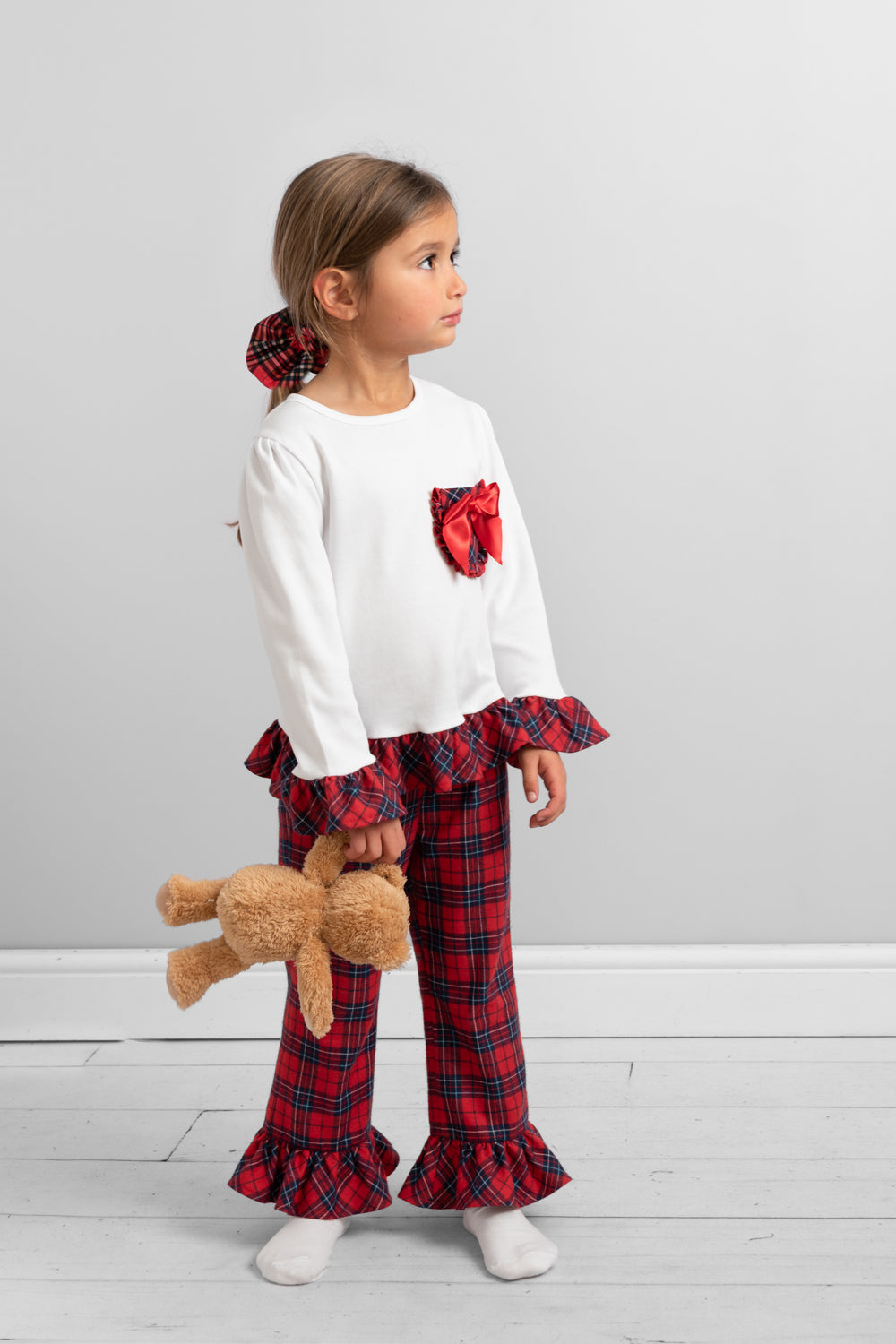 Tartan Ruffle Christmas Pyjama Set with Bow Accents