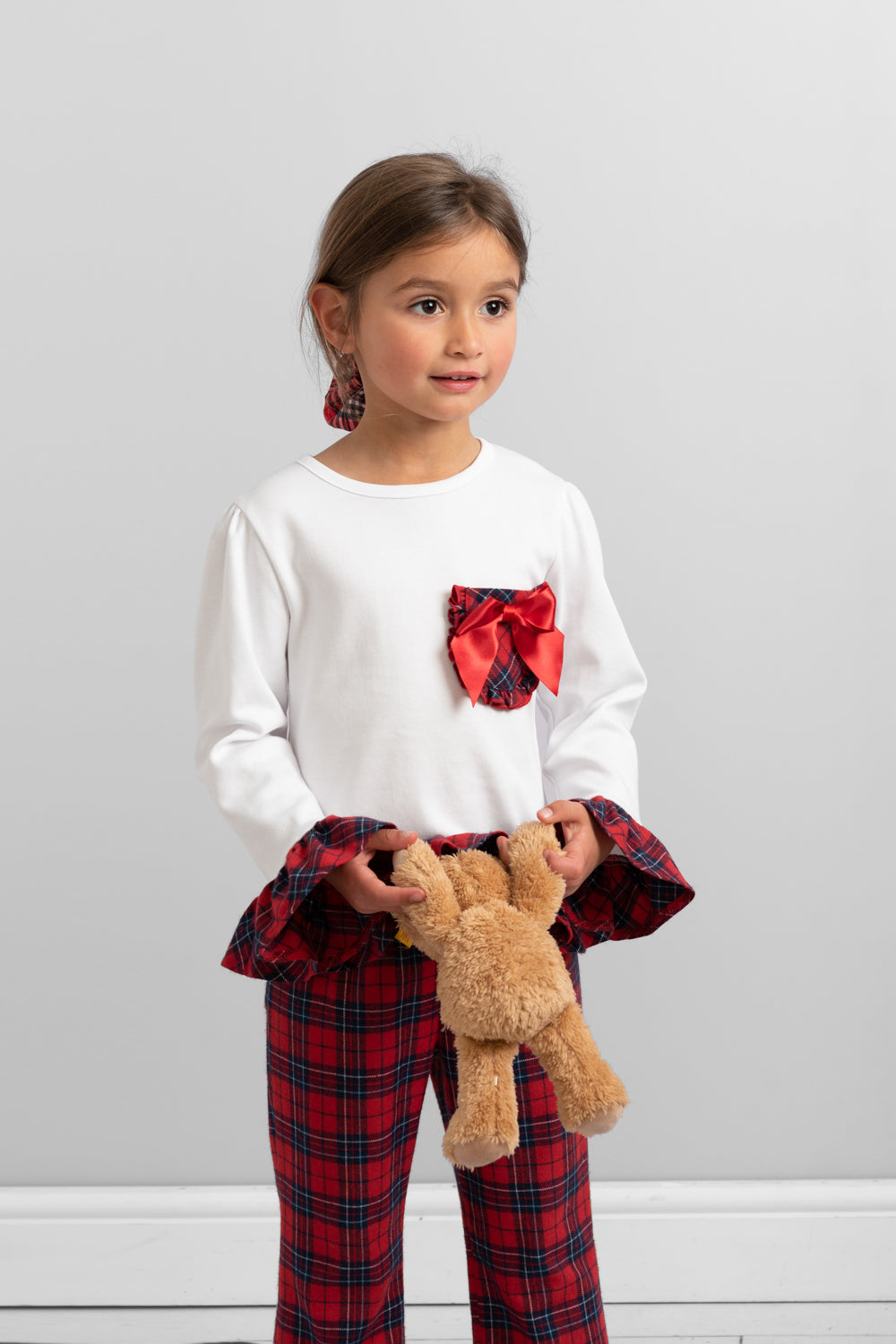 Tartan Ruffle Christmas Pyjama Set with Bow Accents
