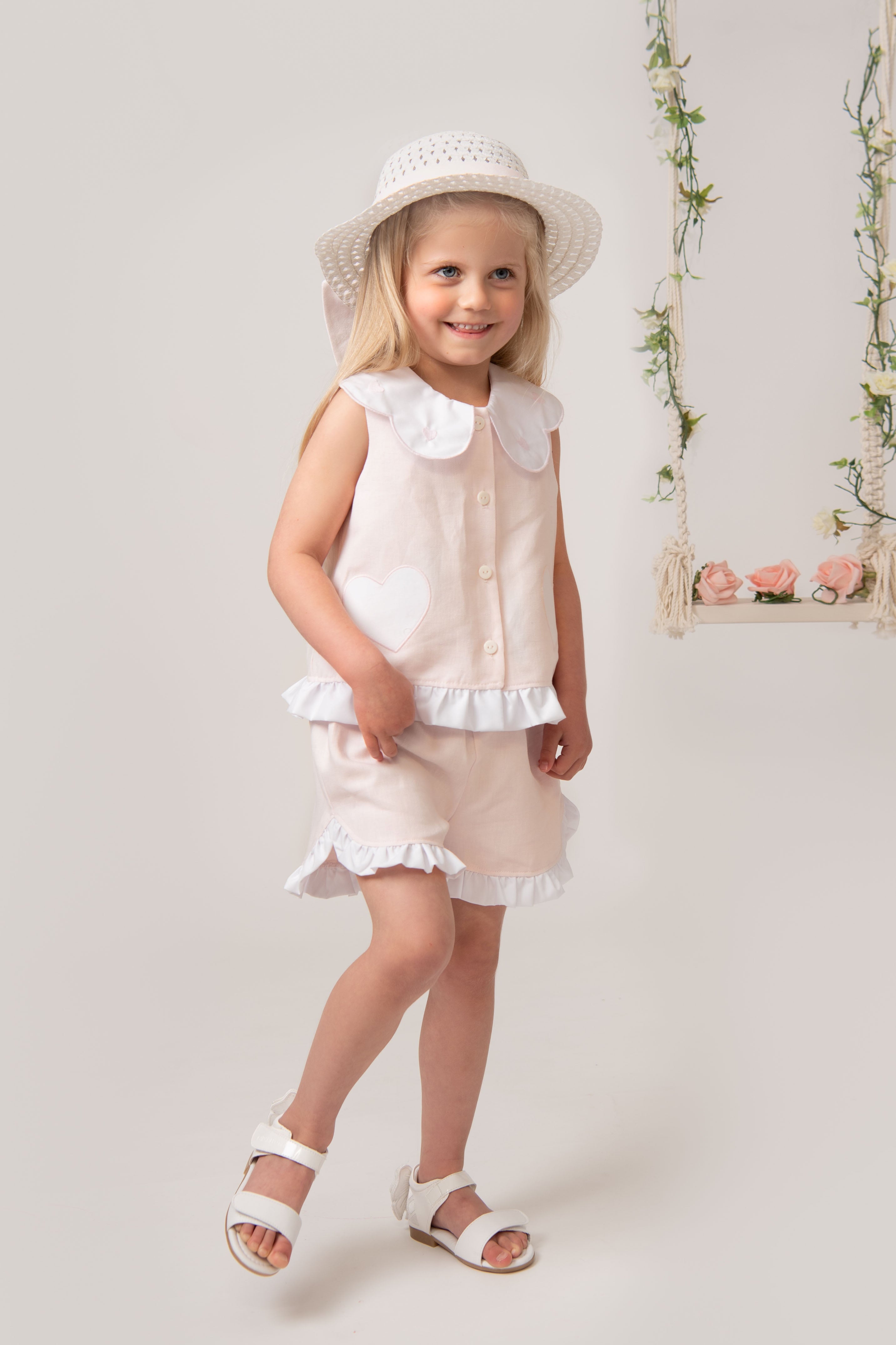 Pink Linen Blend Heart Trim Short Set