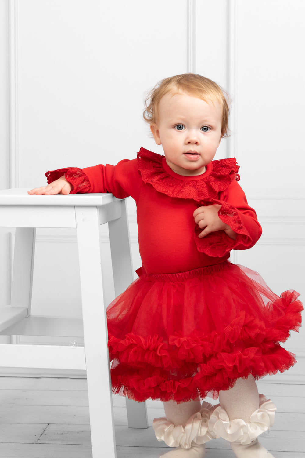 Red Long-Sleeve Bodysuit with Lace Collar and Cuff Details