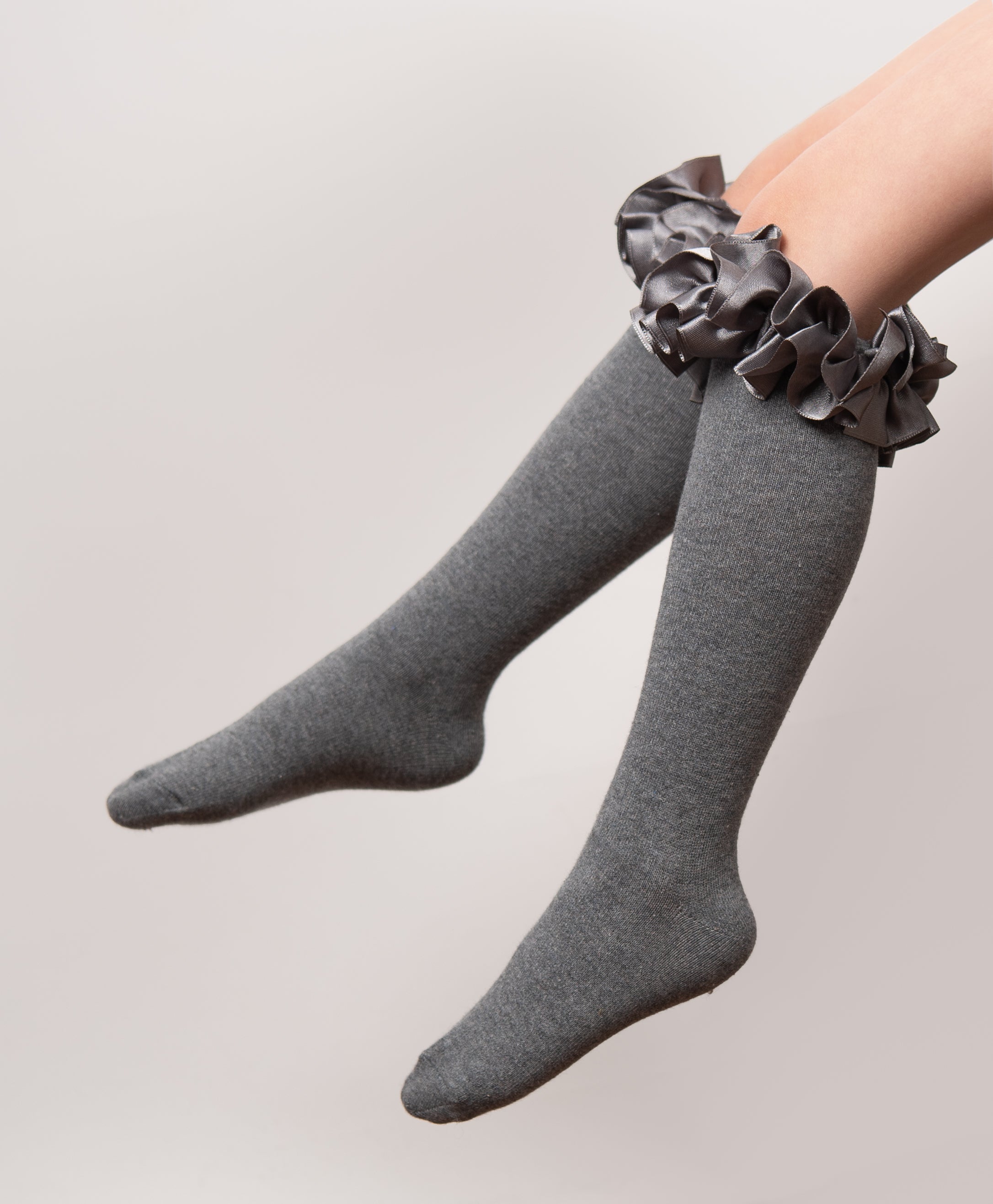 Grey Satin Ruffle Knee High Socks