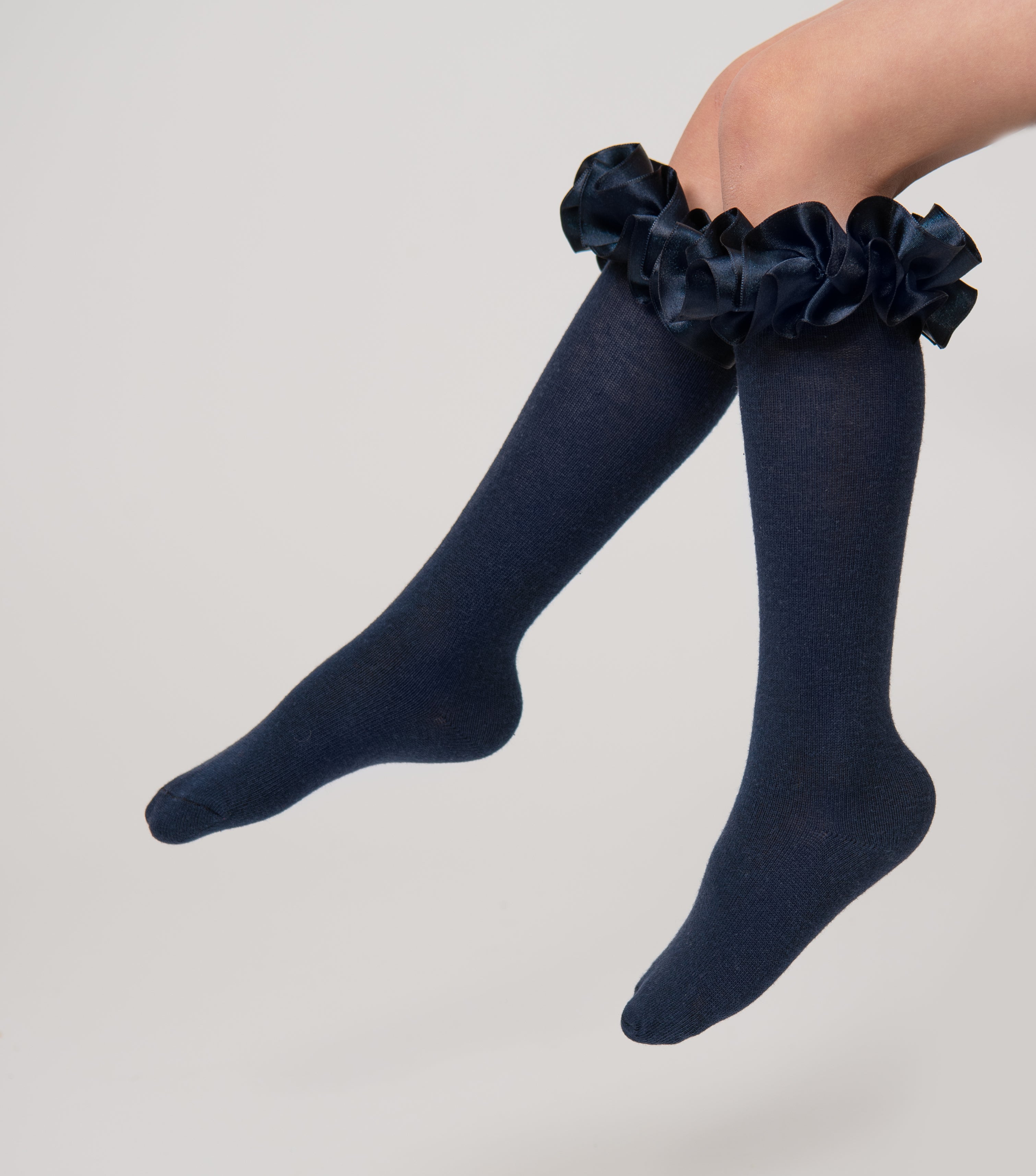 Navy Satin Ruffle Knee High Socks