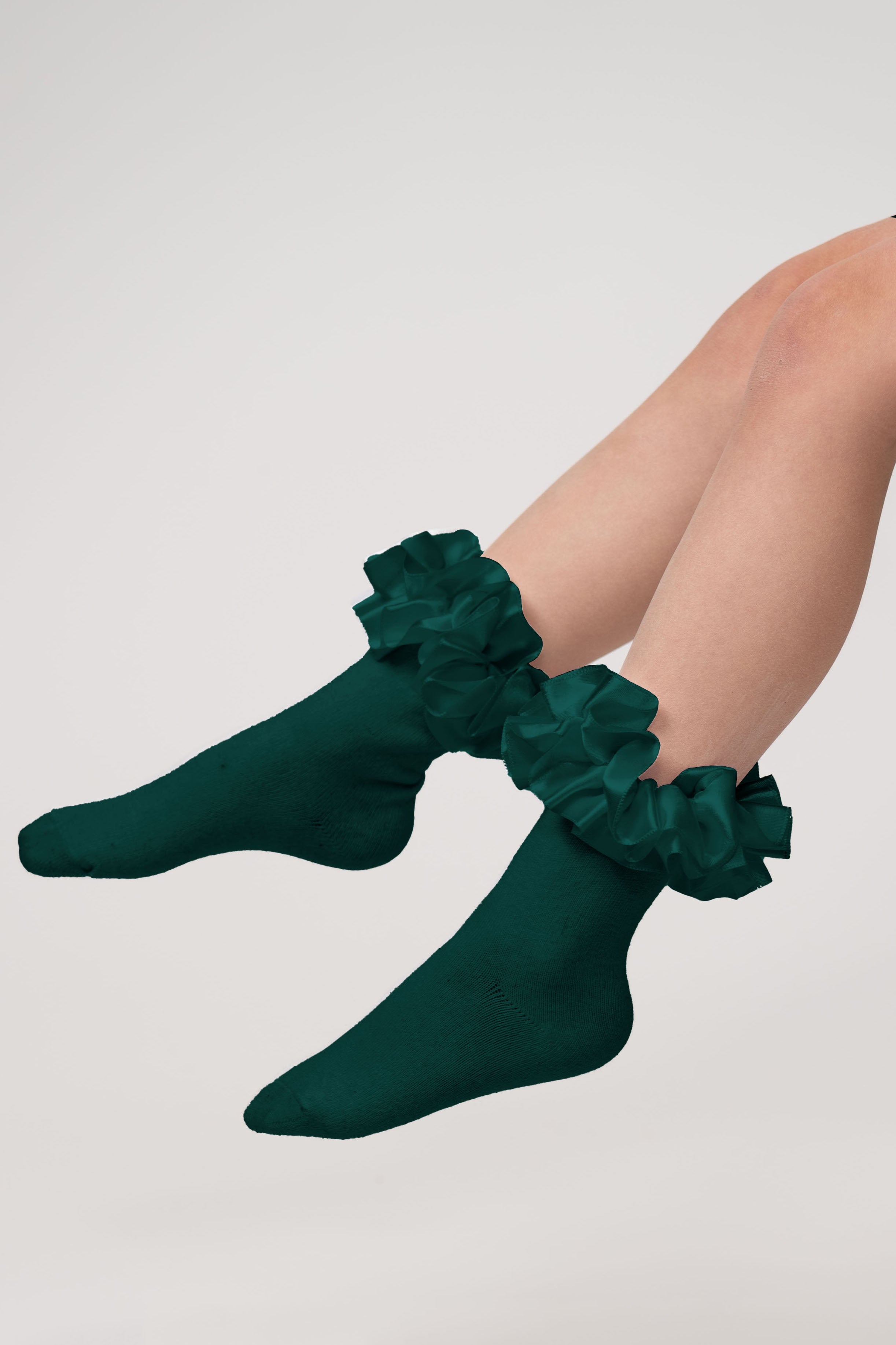 Bottle Green Satin Ruffle Ankle Socks