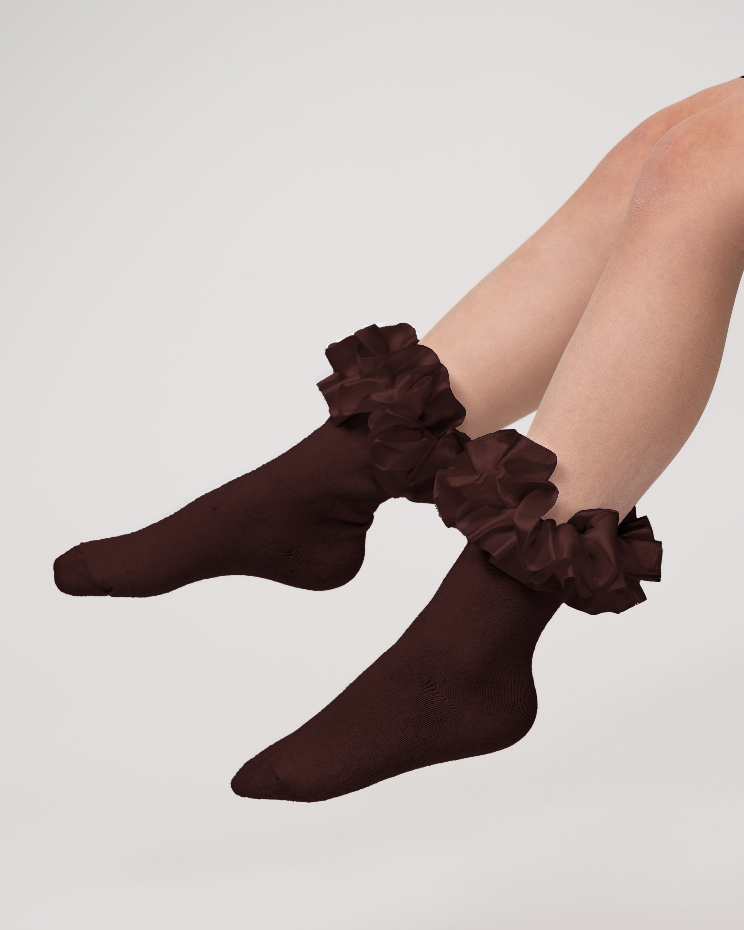 Brown Satin Ruffle Ankle Socks