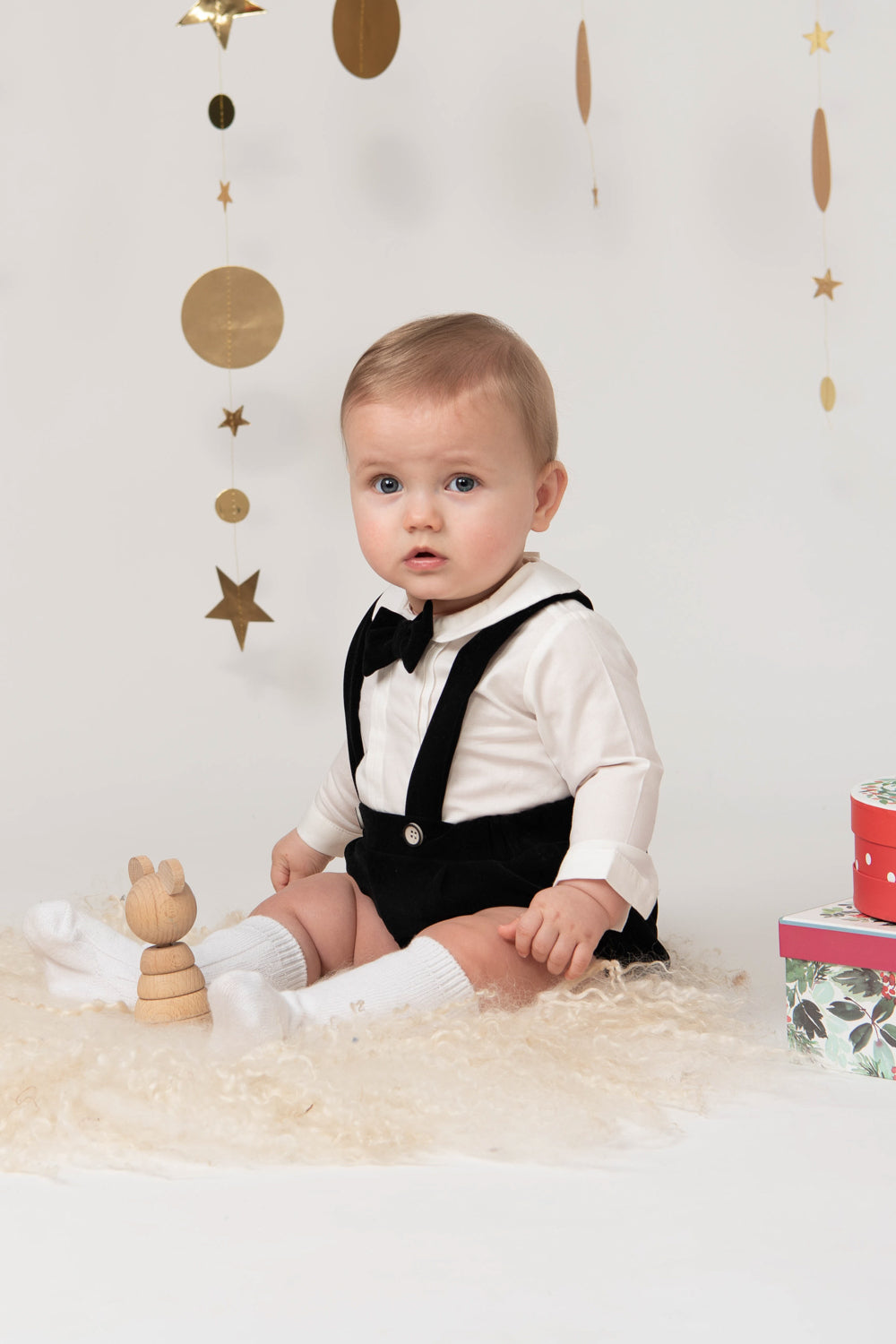 Black Velvet Suspender Shorts Outfit with Bow Tie