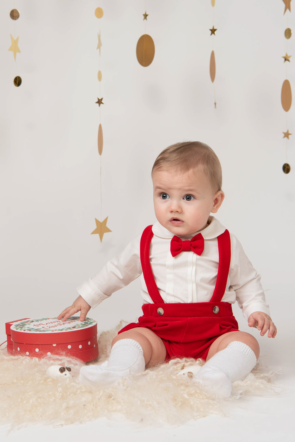 Red Suspender Shorts Outfit with Bow Tie