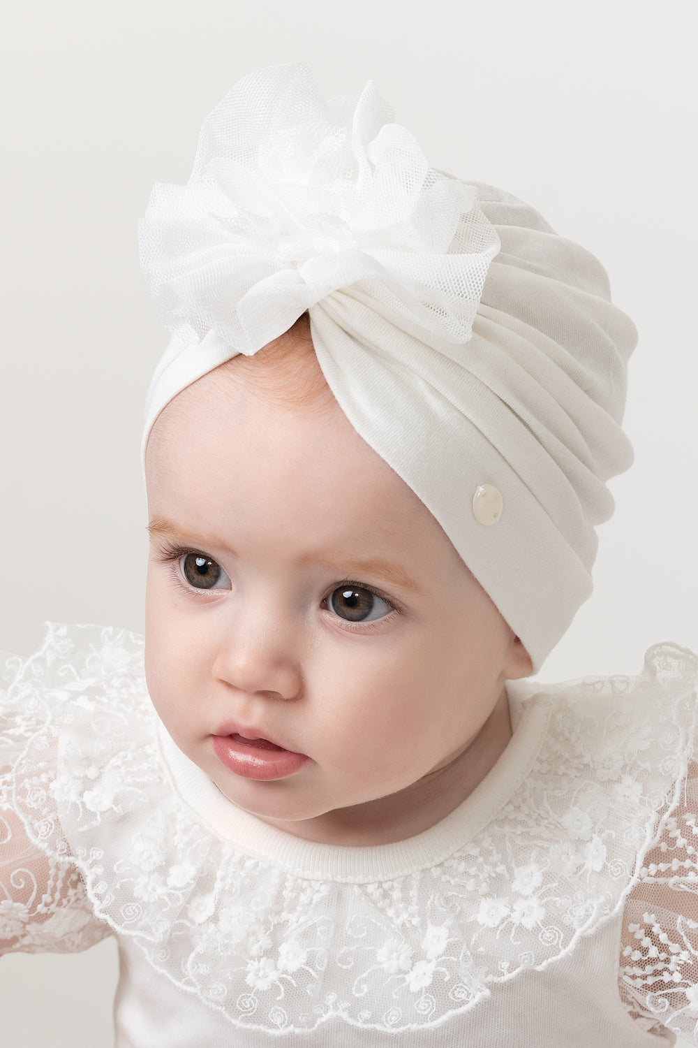 Ivory Cotton Turban with Tulle Accent