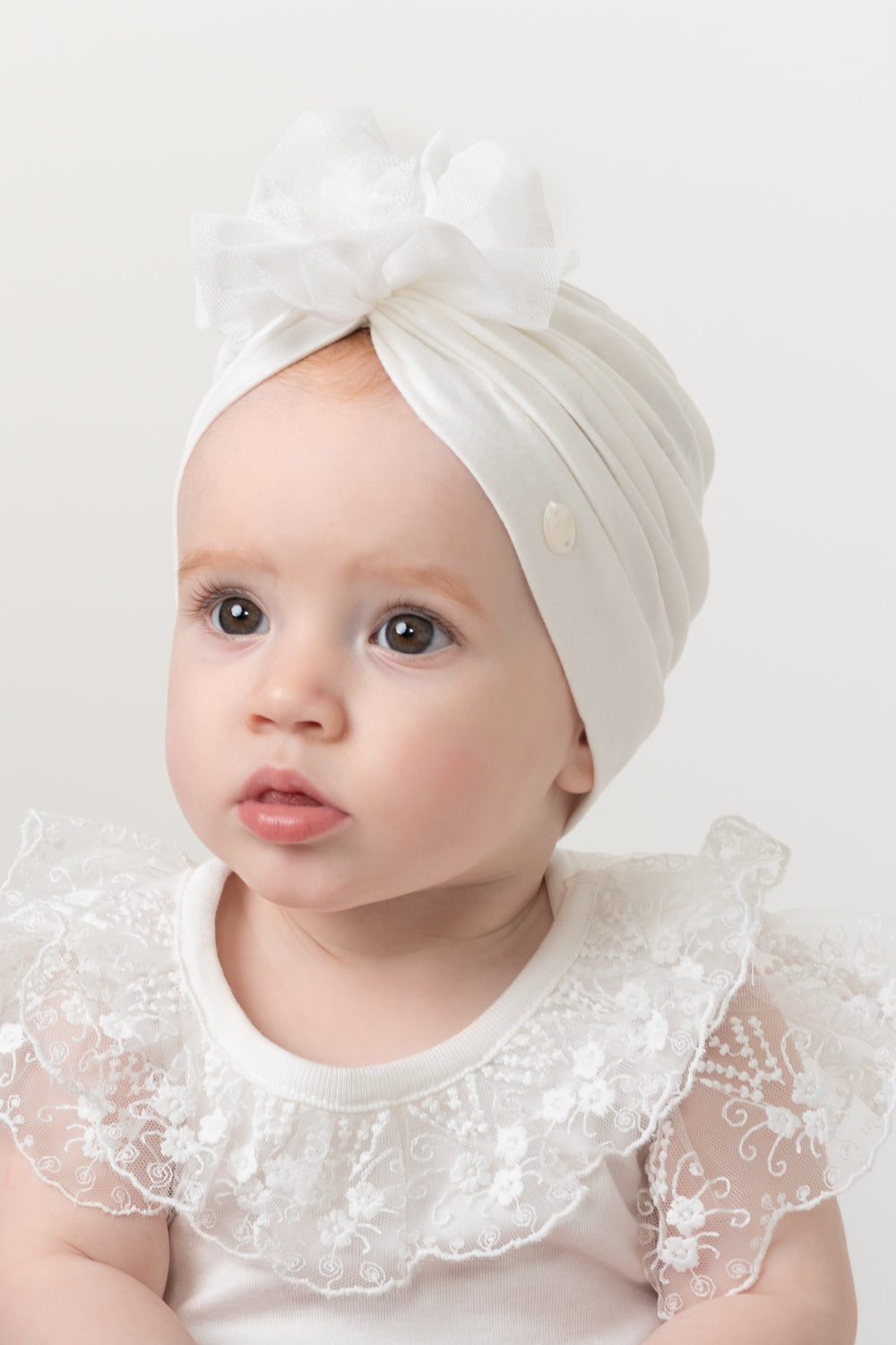 Ivory Cotton Turban with Tulle Accent