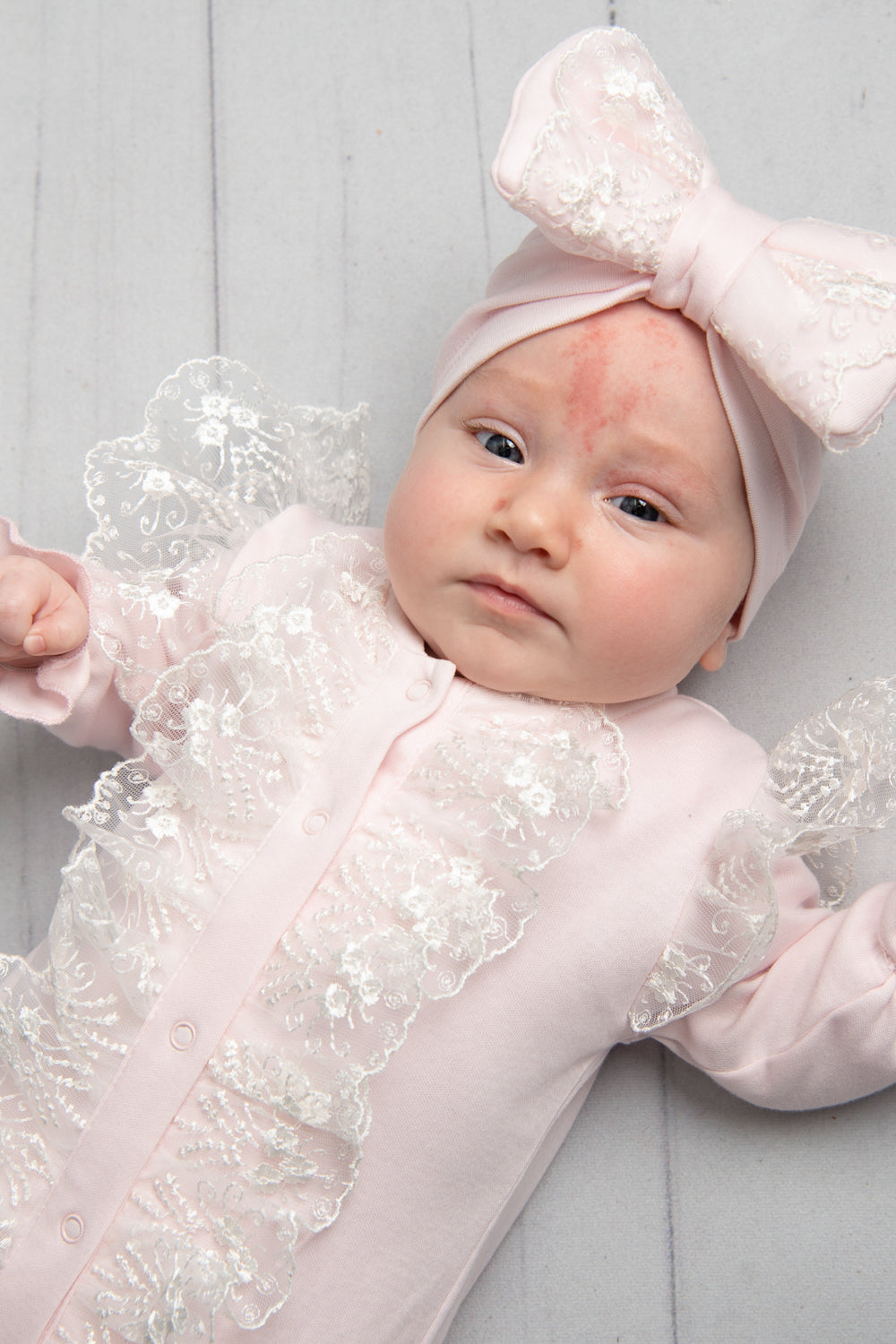 Pink Baby Romper with Pink Lace Ruffle and Bow Headband