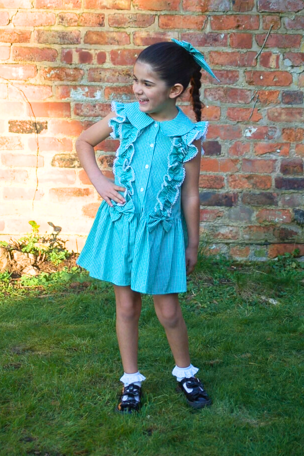 Green Gingham Ruffle Summer School Dress with Bows
