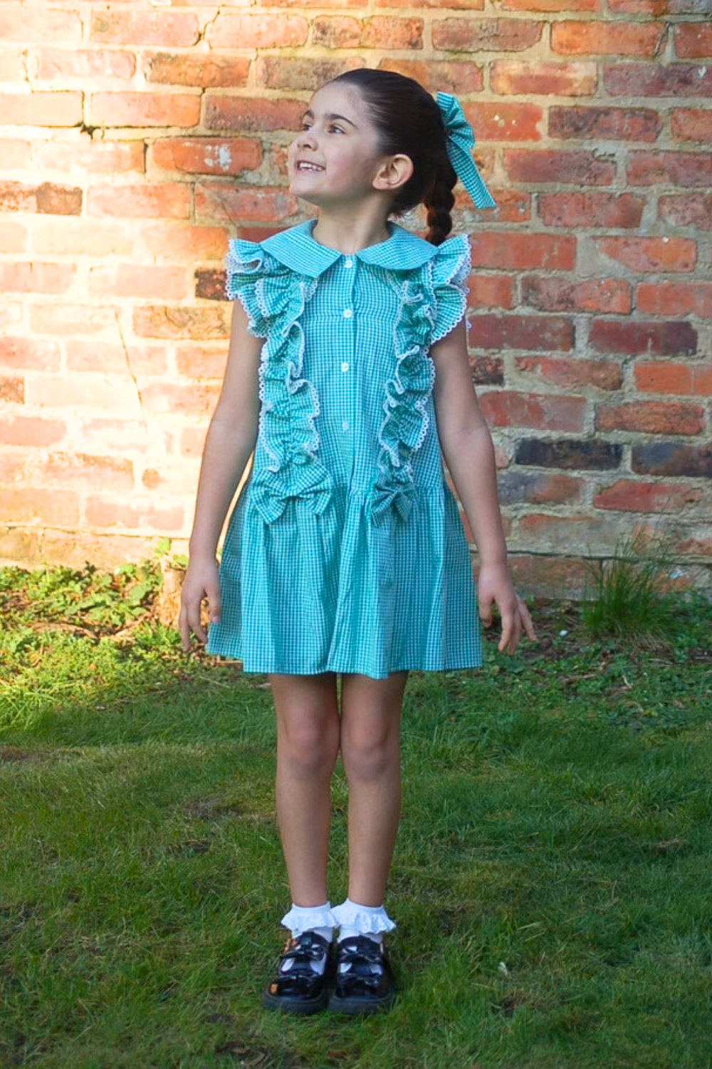 Green Gingham Ruffle Summer School Dress with Bows