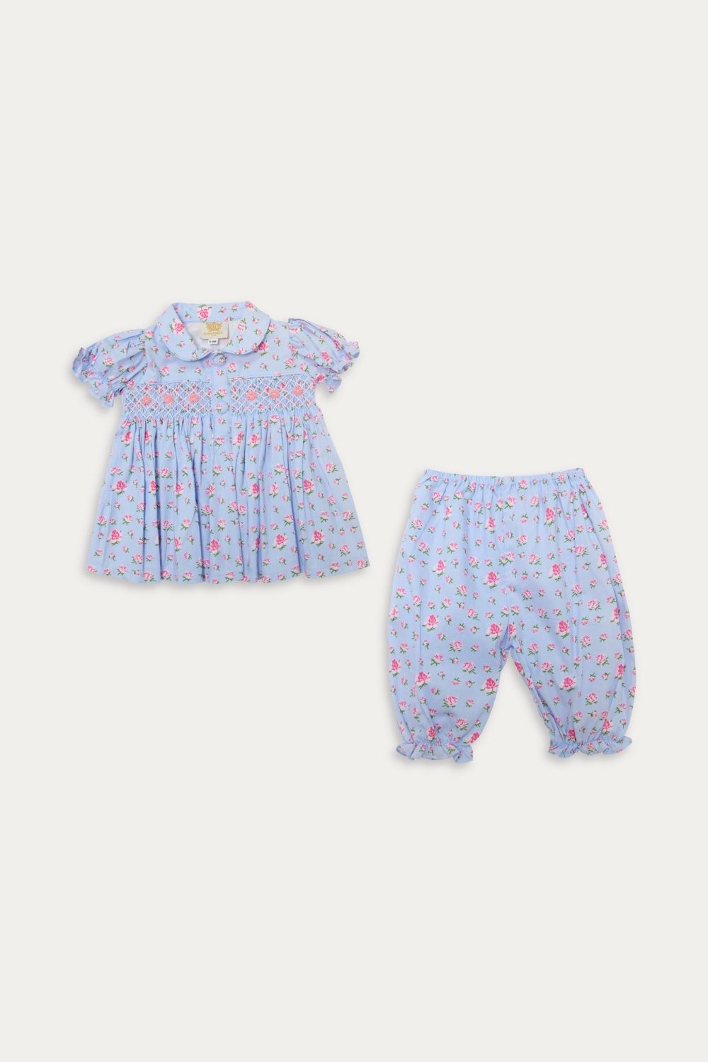Indigo Floral Hand Smocked Baby Top and Trouser Set