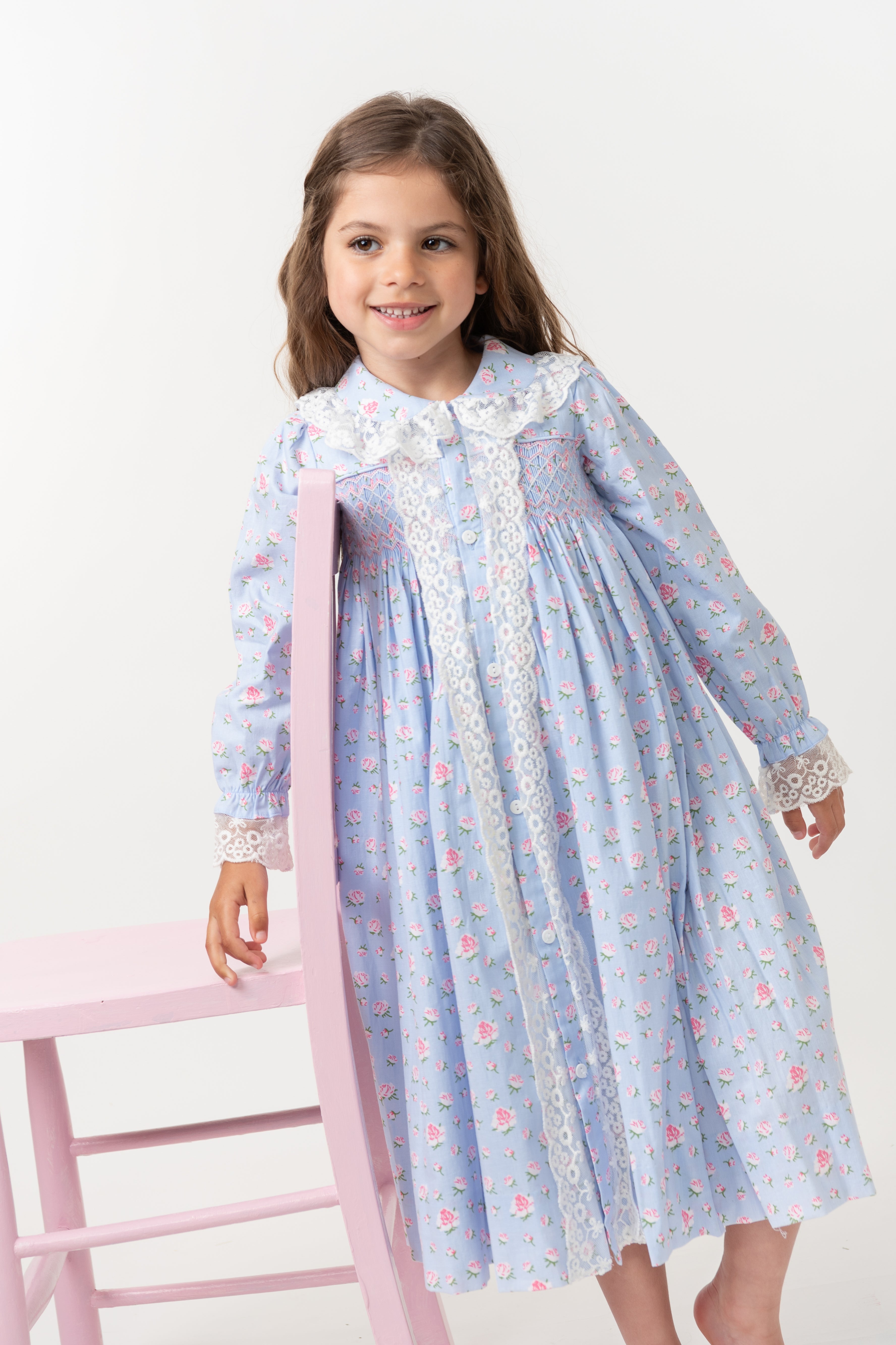 Indigo Floral Hand-Smocked Nightgown Set