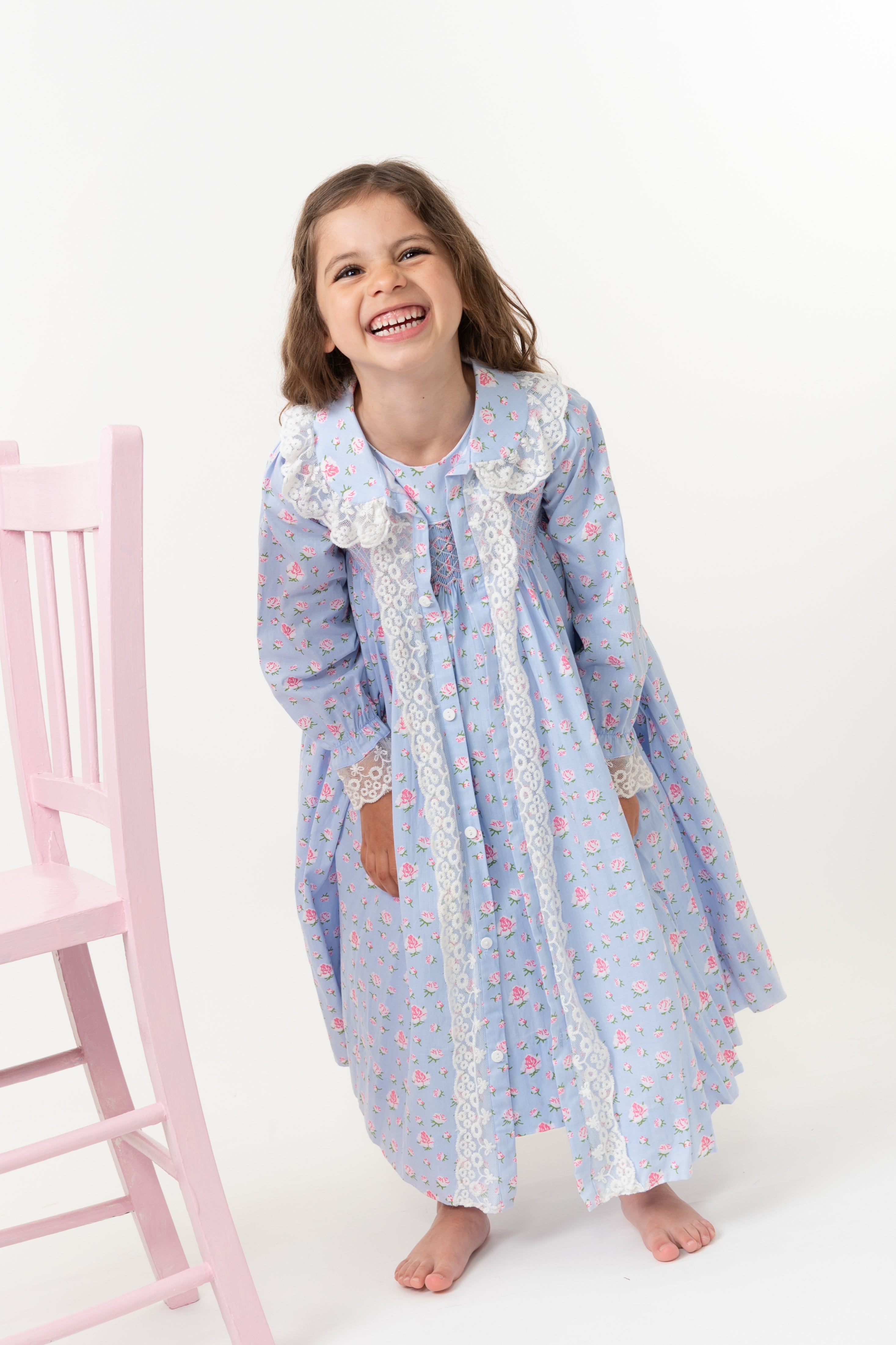 Indigo Floral Hand-Smocked Nightgown Set