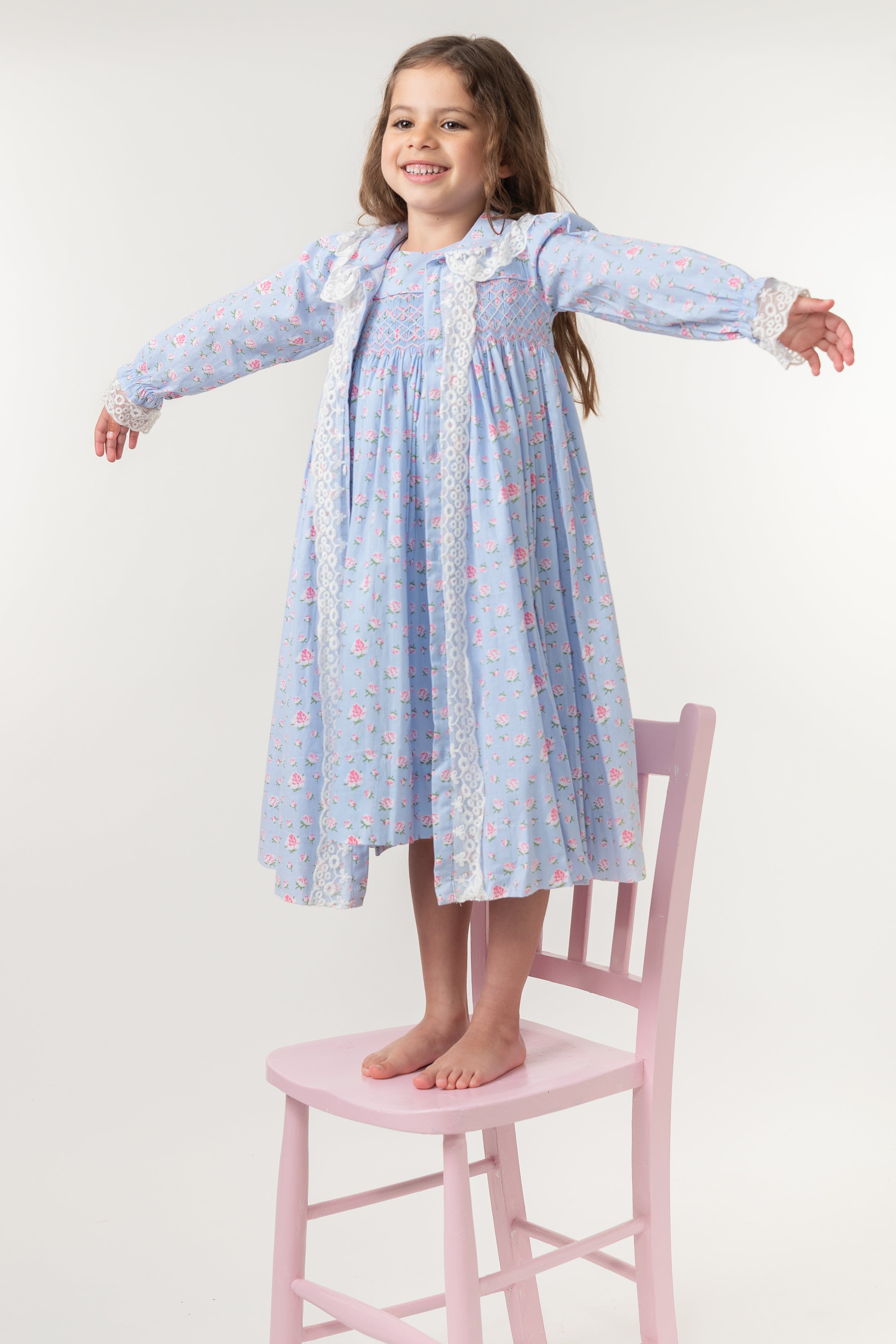Indigo Floral Hand-Smocked Nightgown Set