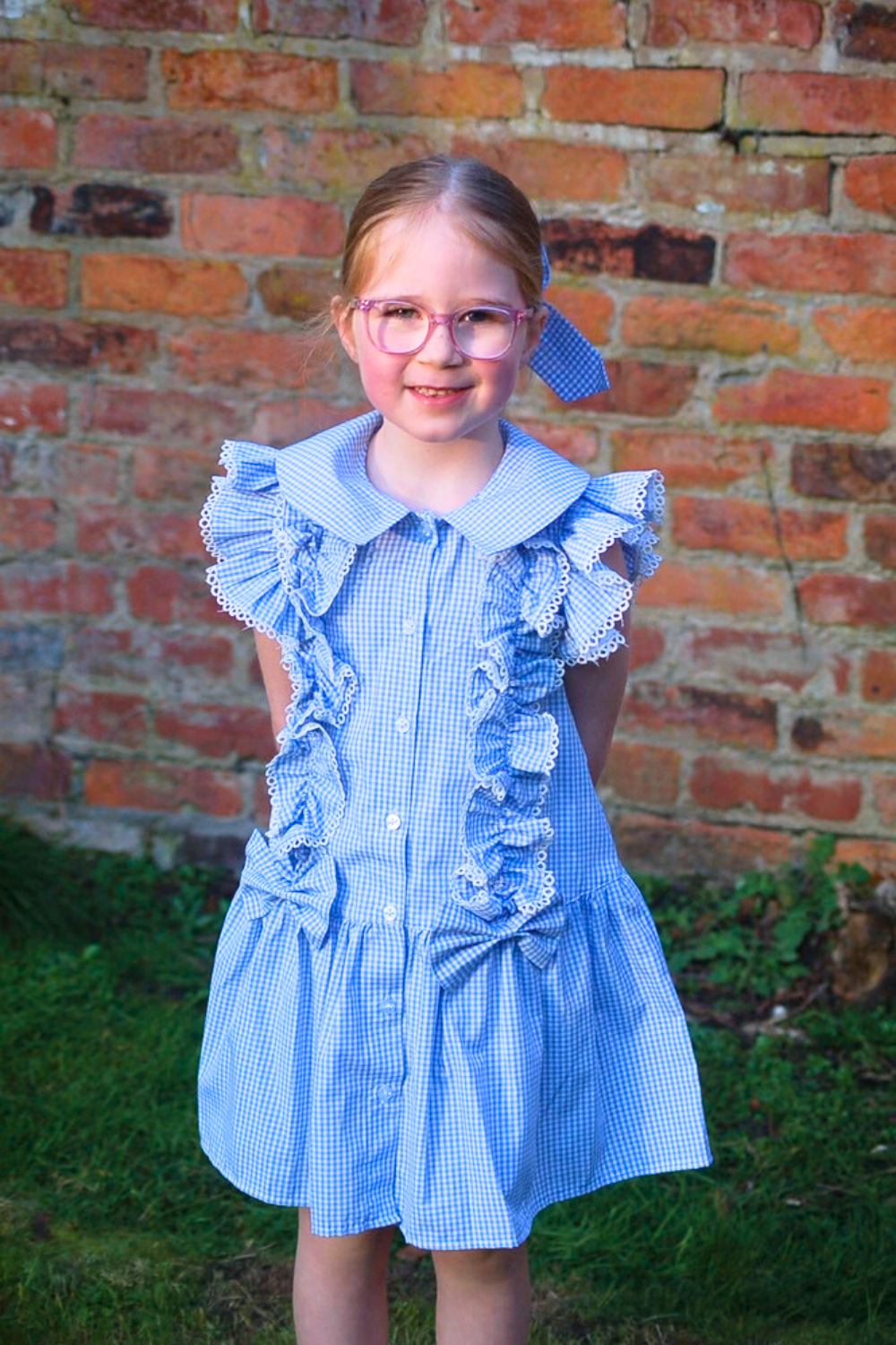 Blue Gingham Ruffle Summer School Dress with Bows