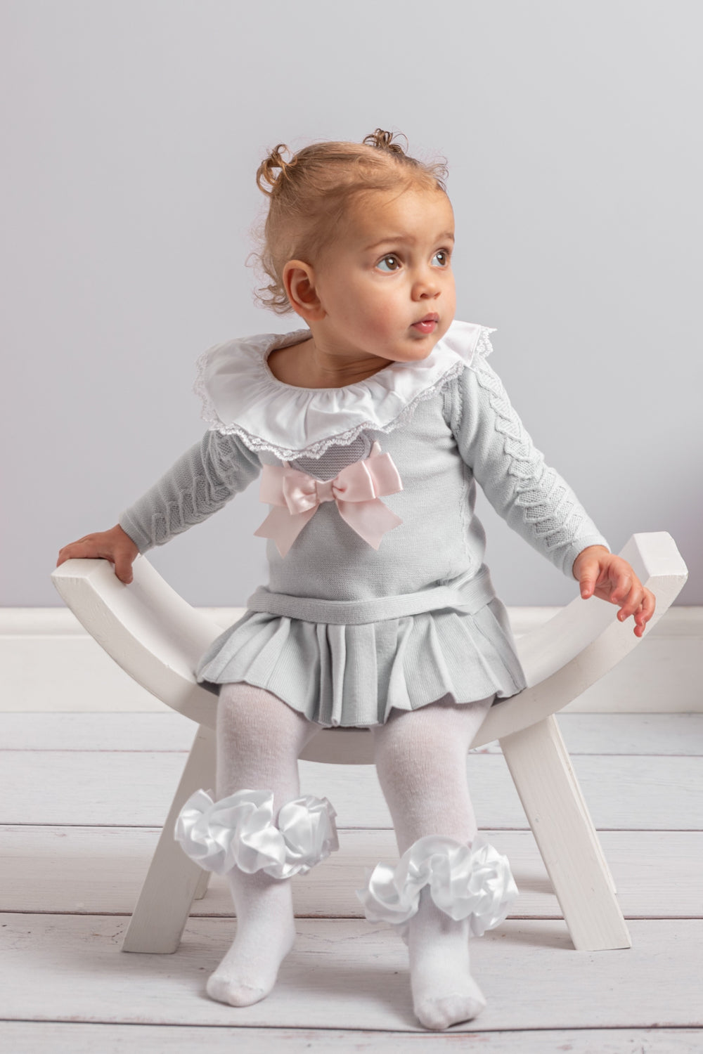 Grey Knitted Baby Dress with Lace Collar and Bow Detail