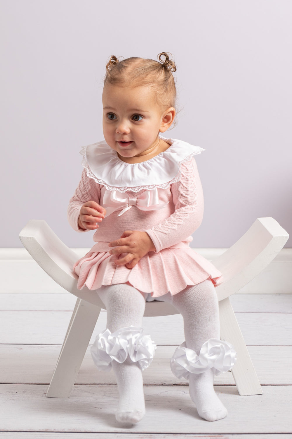 Pink Knitted Baby Dress with Lace Collar and Bow Detail