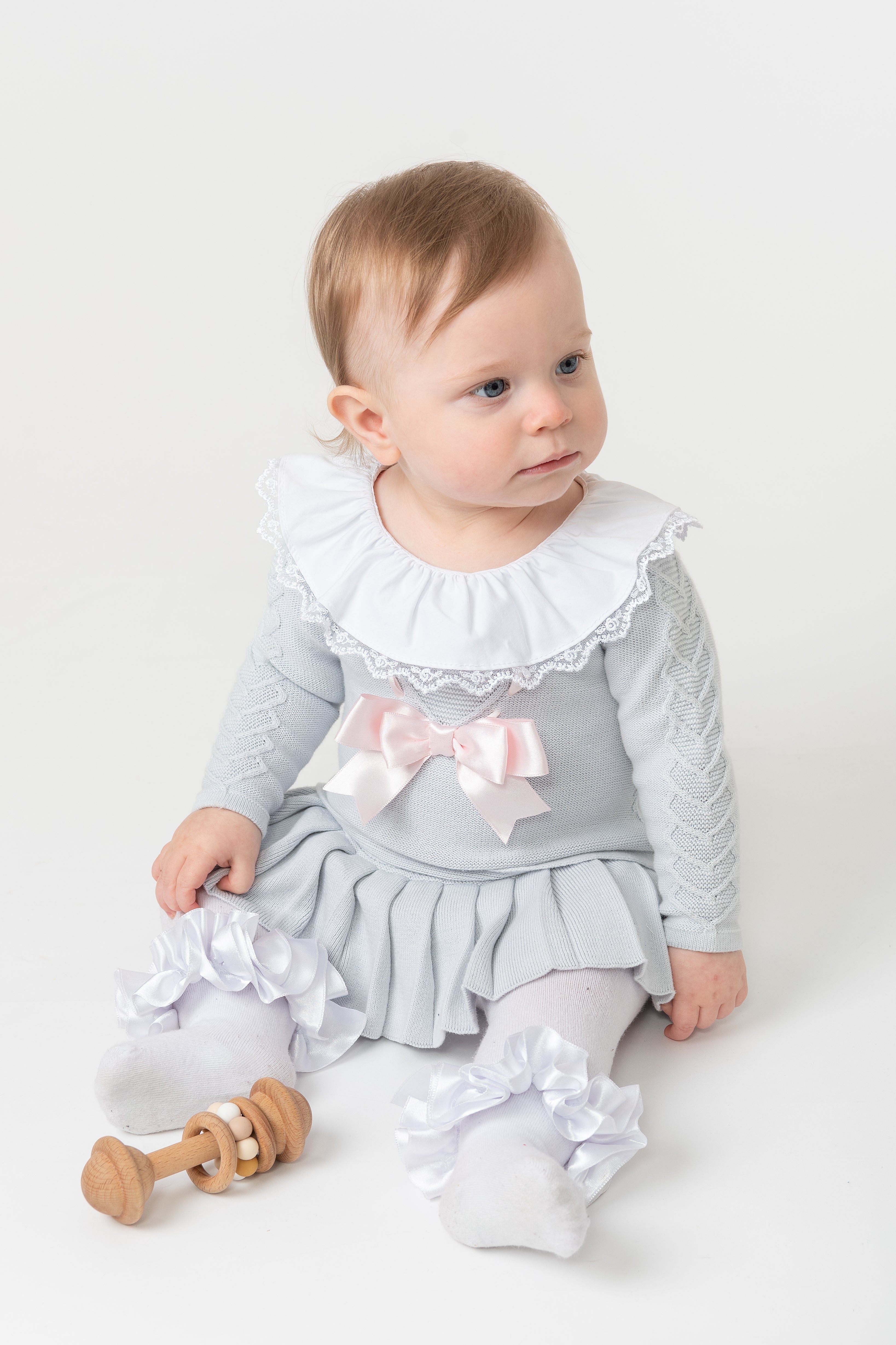 Sky Blue Knitted Baby Dress with Lace Collar and Bow Detail