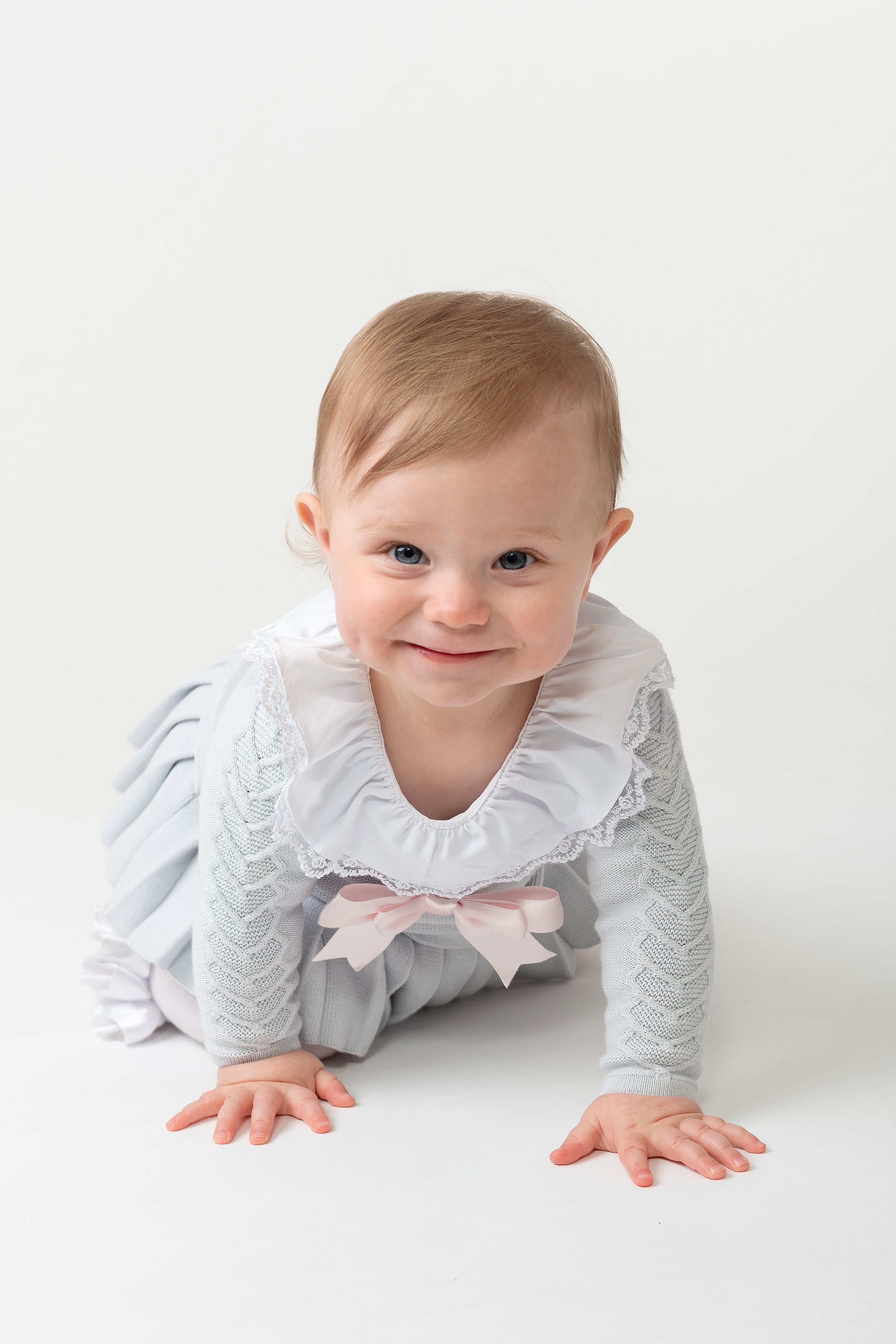 Sky Blue Knitted Baby Dress with Lace Collar and Bow Detail