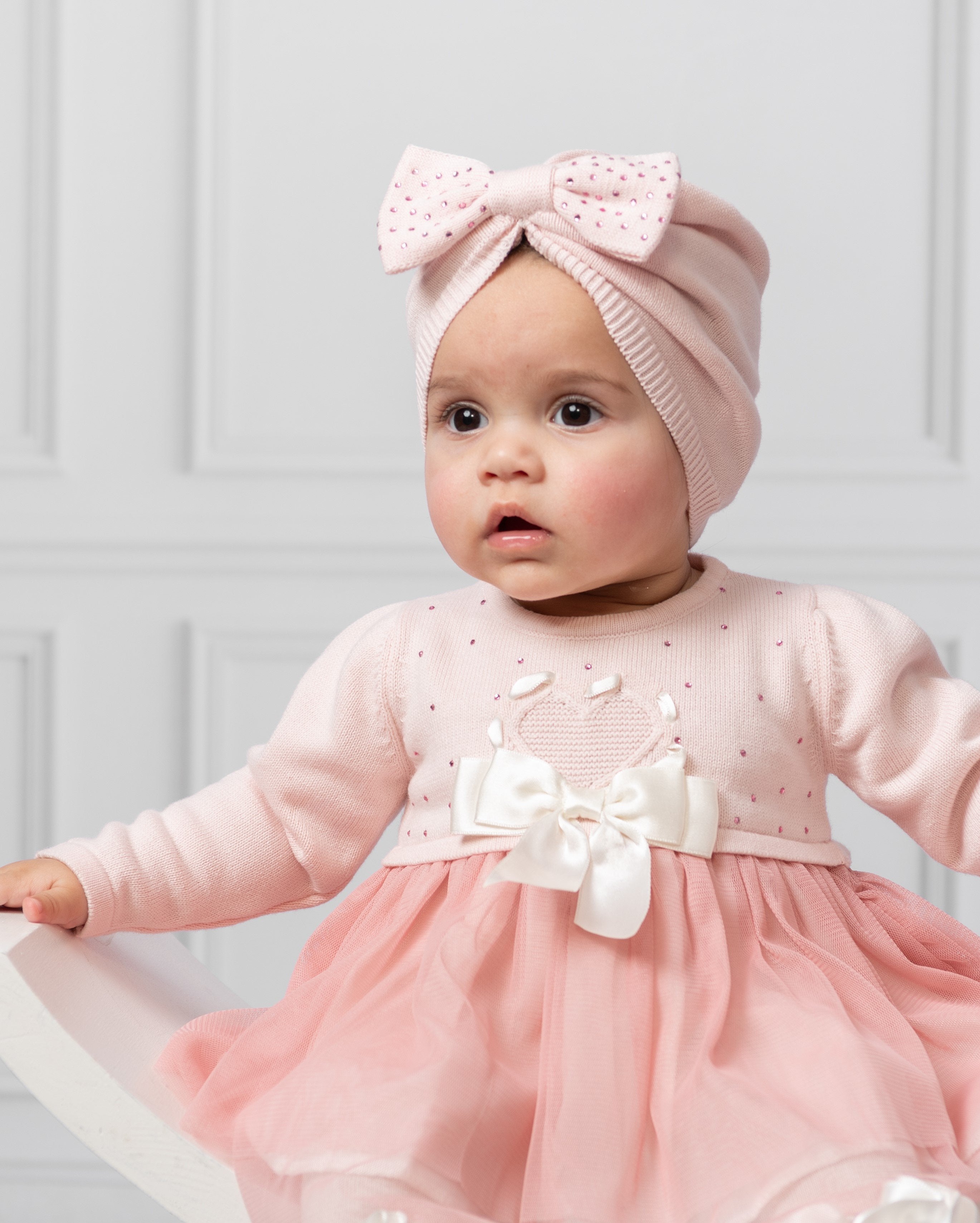 Pink Diamonte Bow Knitted Turban