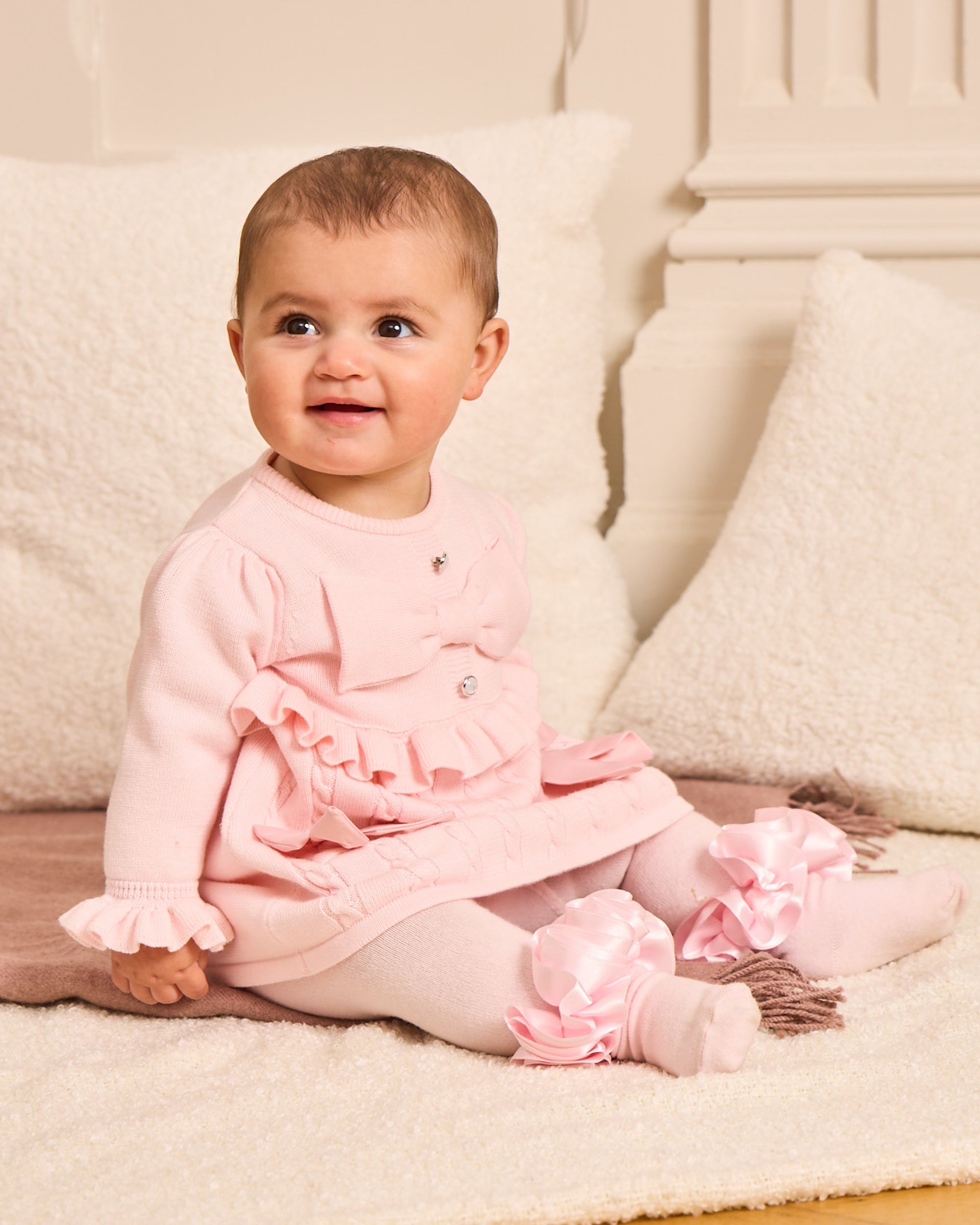 Pink Knitted Bow Dress with Frill Detail