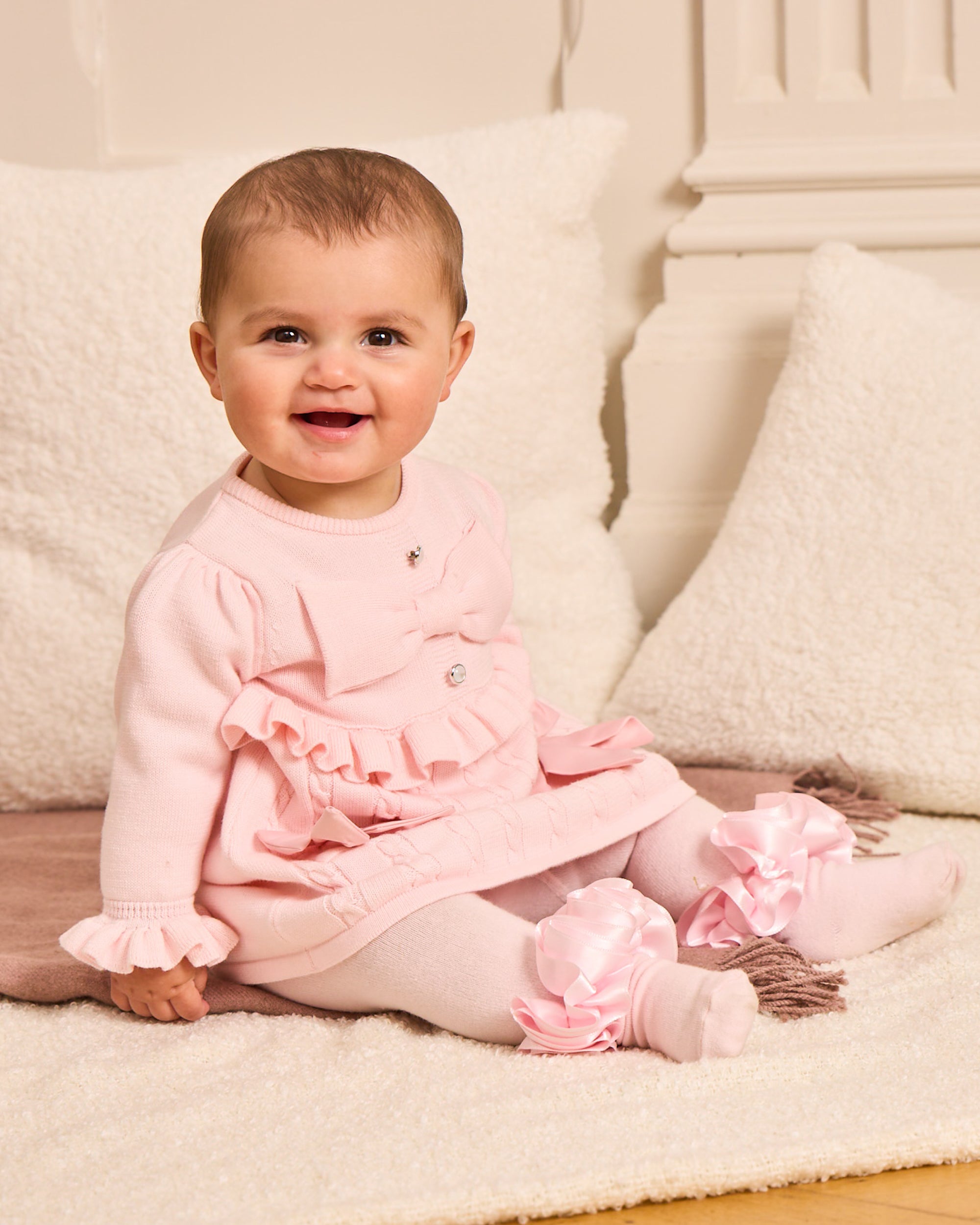 Pink Knitted Bow Dress with Frill Detail