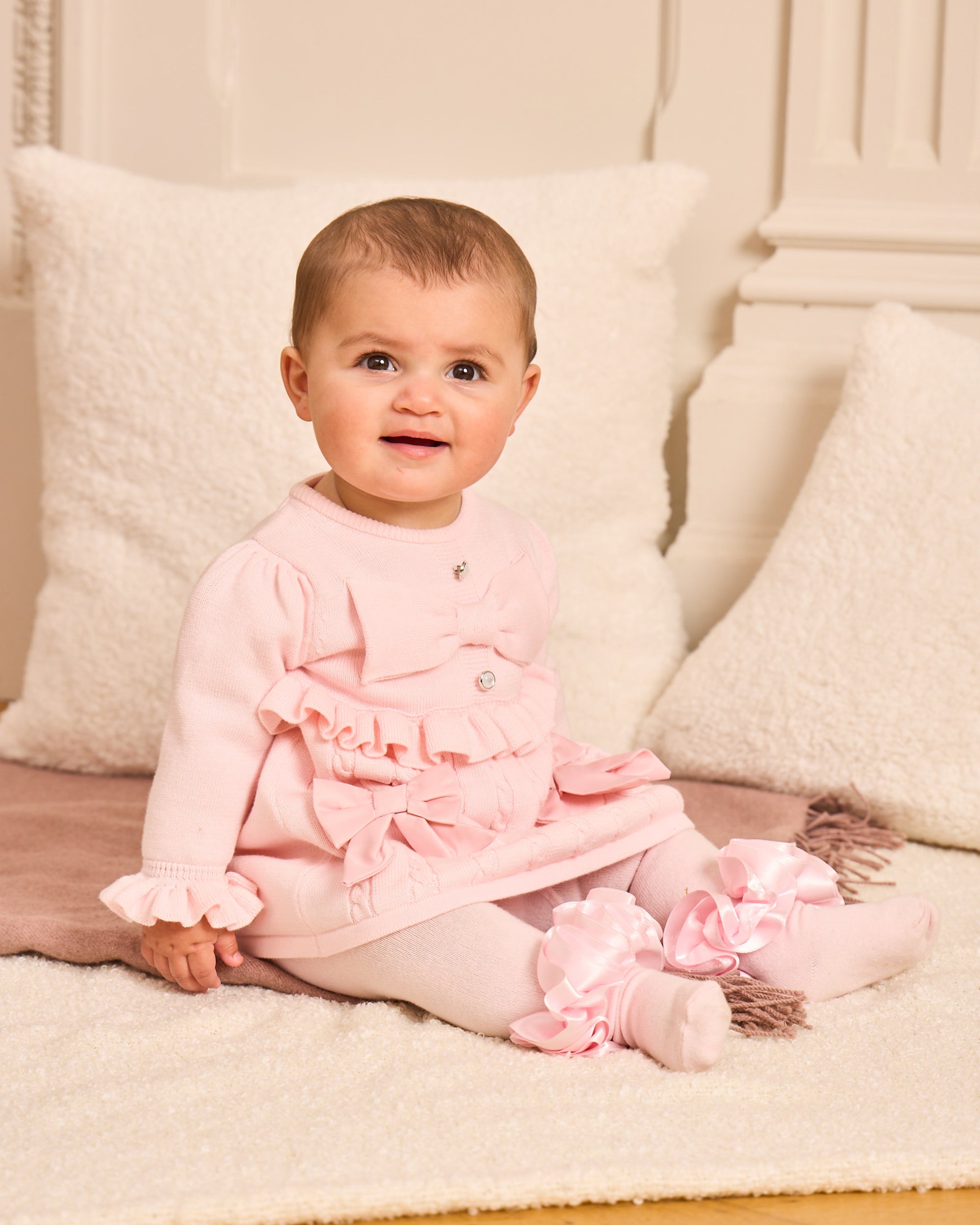 Pink Knitted Bow Dress with Frill Detail